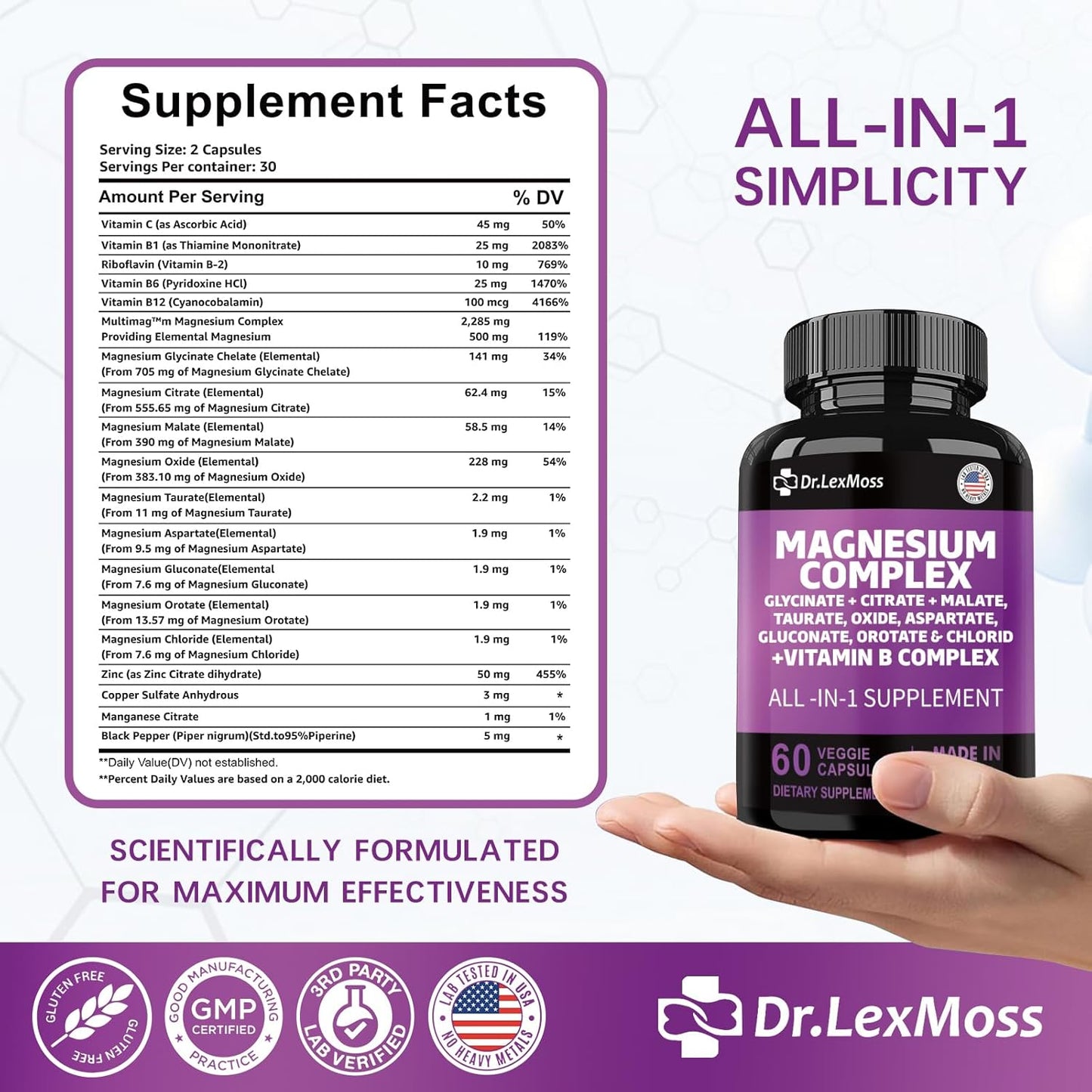 High Potency Magnesium Complex with Zinc, Copper, Manganese, and Vitamin C - 60 Count - Made in USA