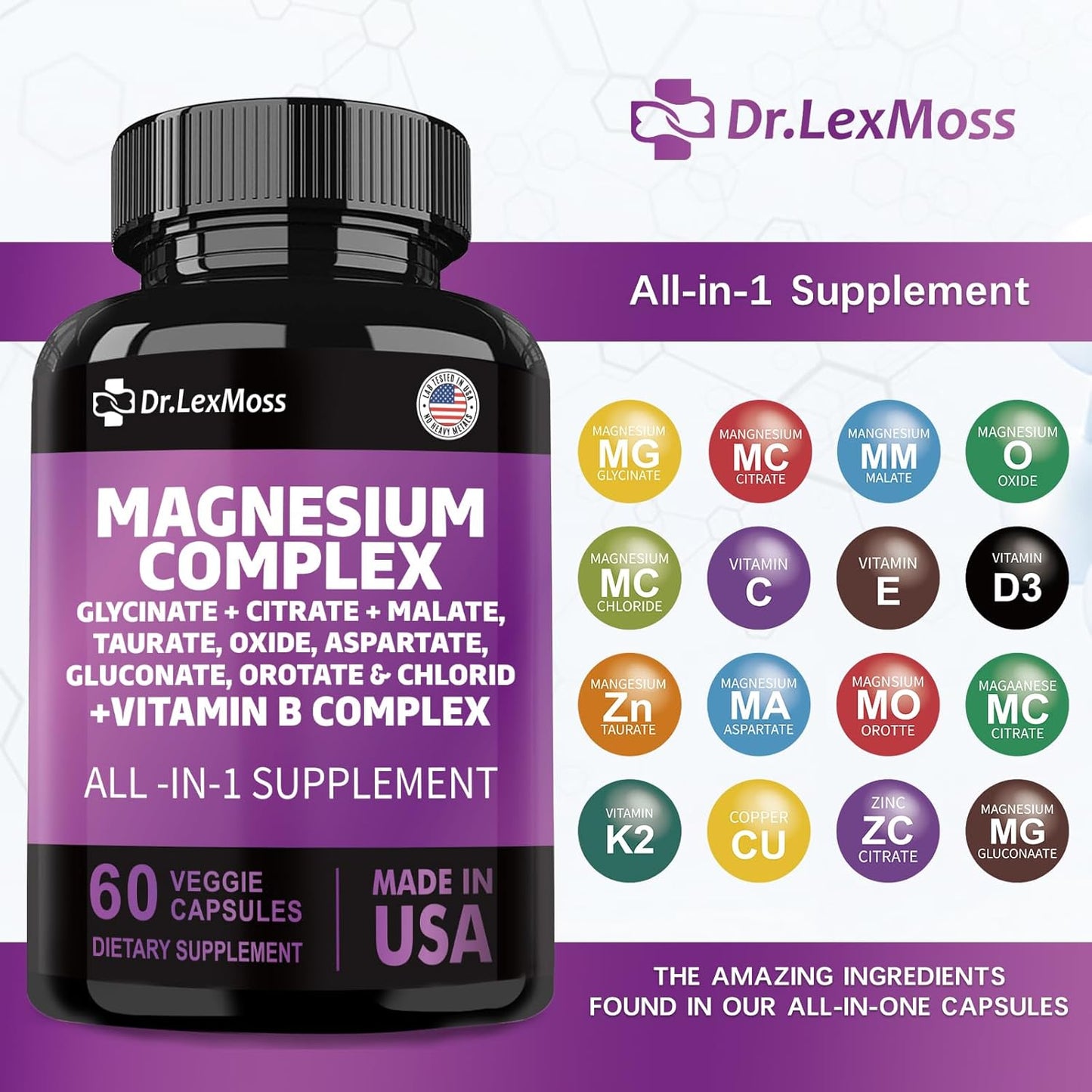 High Potency Magnesium Complex with Zinc, Copper, Manganese, and Vitamin C - 60 Count - Made in USA