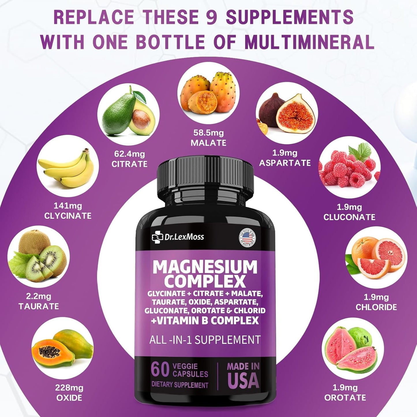High Potency Magnesium Complex with Zinc, Copper, Manganese, and Vitamin C - 60 Count - Made in USA