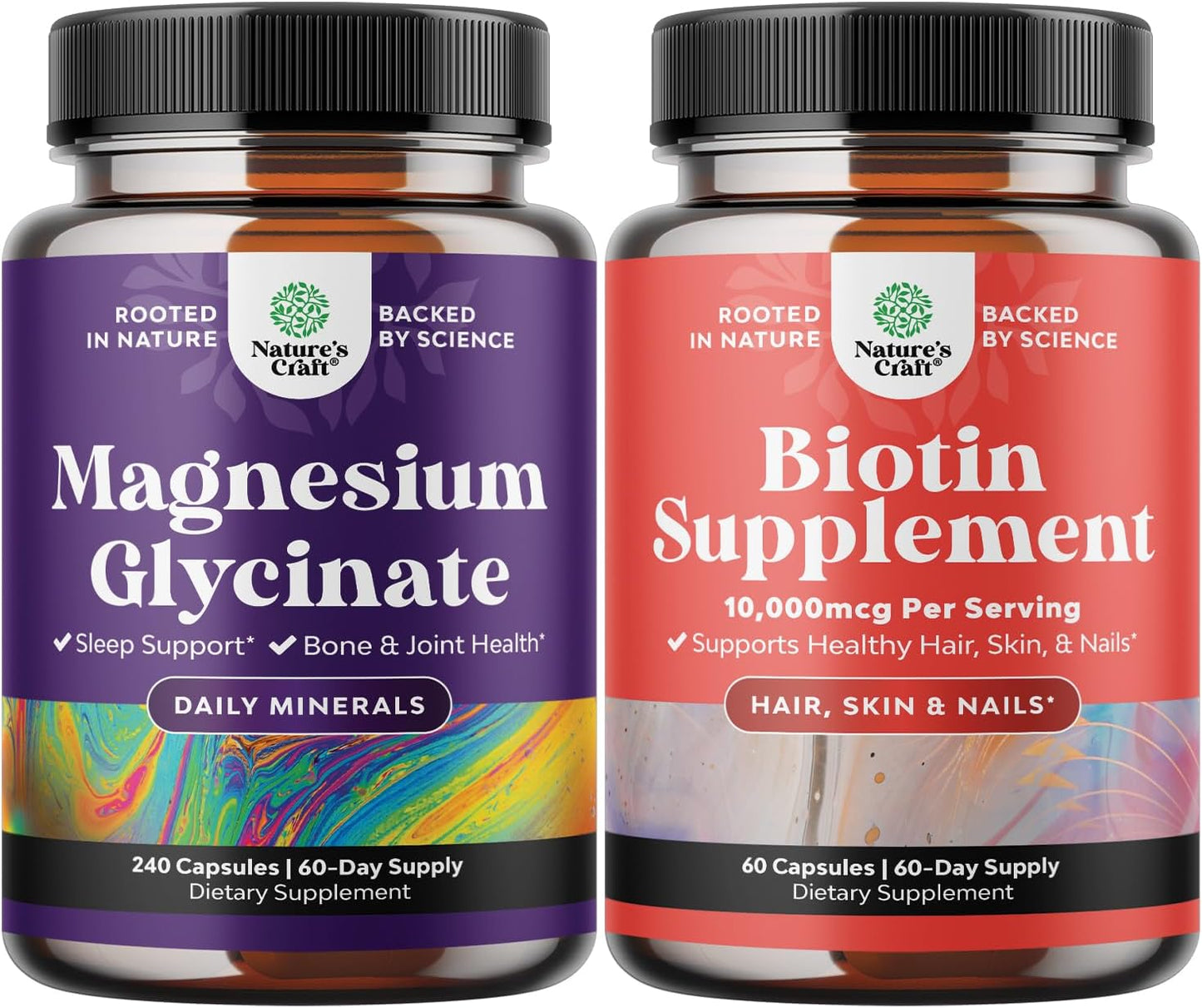 High-Potency Magnesium Glycinate and Biotin Supplement Bundle for Mood, Sleep, Hair Loss - 240ct.