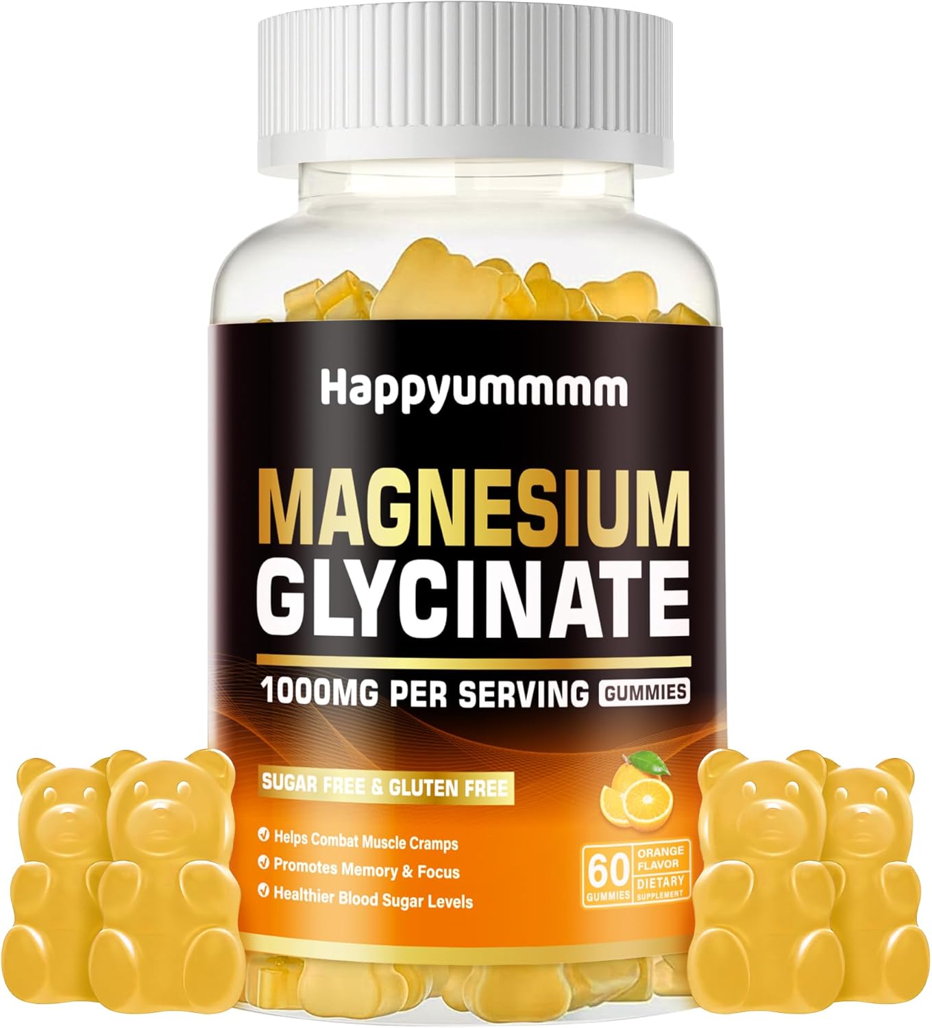 High Potency Magnesium Glycinate Gummies - Sugar Free Supplement with Vitamin D, B6, CoQ10 - 60 Orange Gummies for Calm Mood & Sleep Support