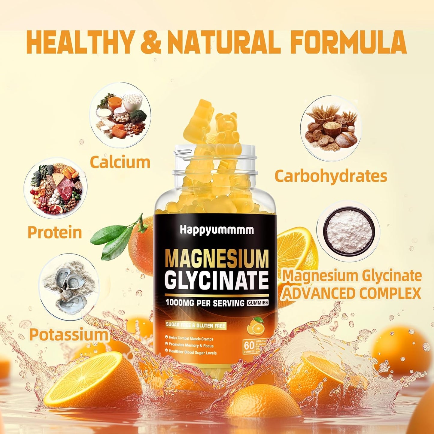 High Potency Magnesium Glycinate Gummies - Sugar Free Supplement with Vitamin D, B6, CoQ10 - 60 Orange Gummies for Calm Mood & Sleep Support
