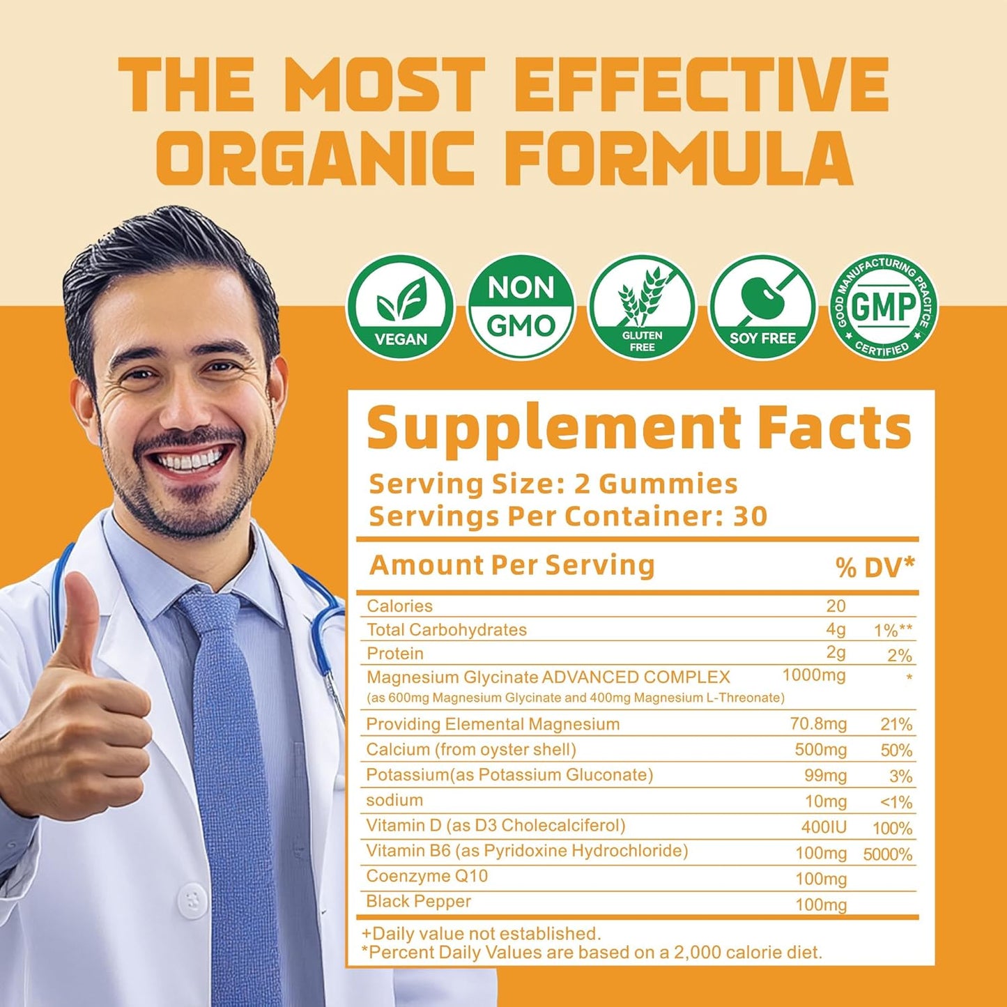 High Potency Magnesium Glycinate Gummies - Sugar Free Supplement with Vitamin D, B6, CoQ10 - 60 Orange Gummies for Calm Mood & Sleep Support