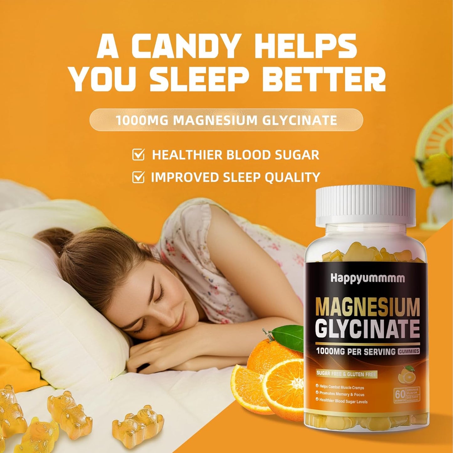 High Potency Magnesium Glycinate Gummies - Sugar Free Supplement with Vitamin D, B6, CoQ10 - 60 Orange Gummies for Calm Mood & Sleep Support