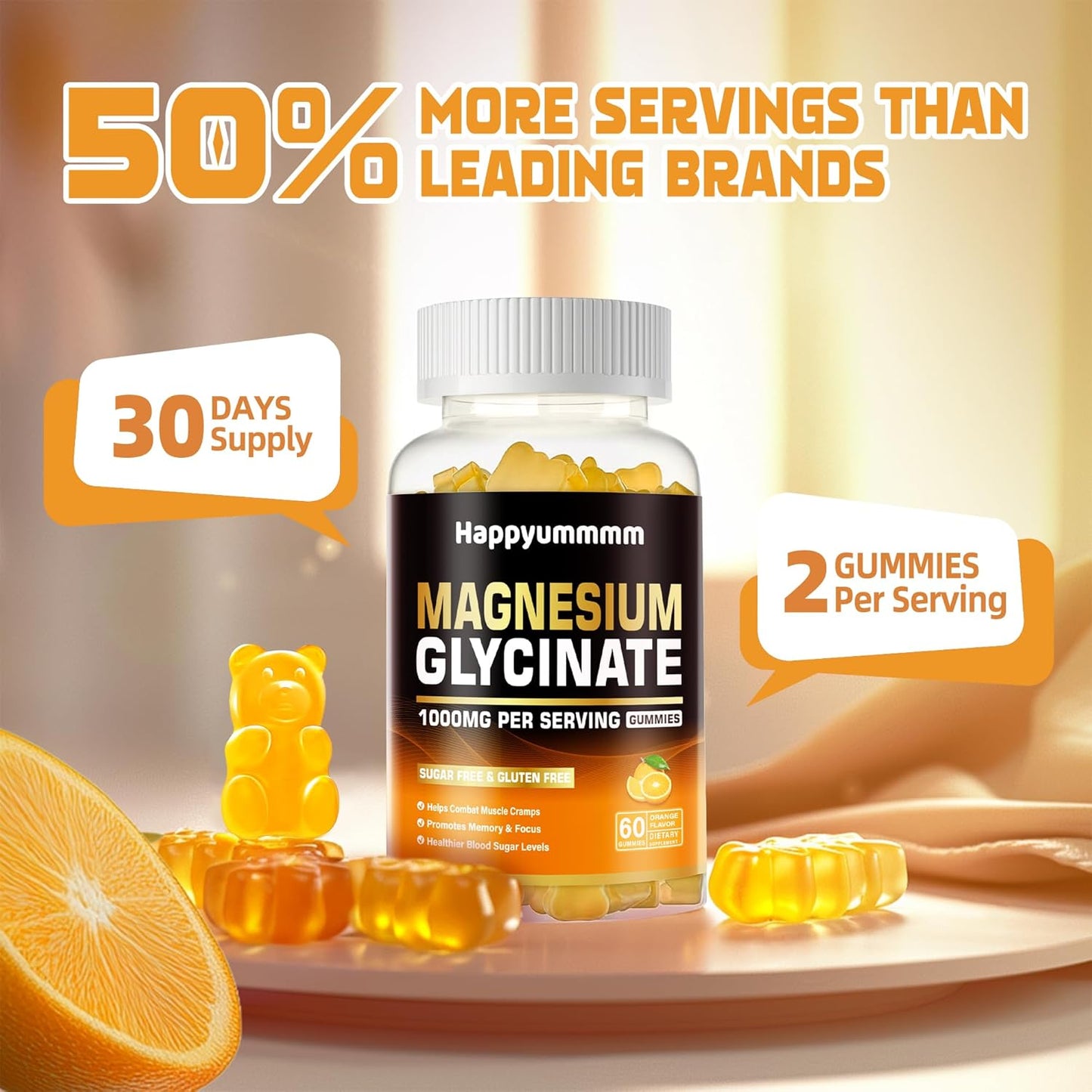 High Potency Magnesium Glycinate Gummies - Sugar Free Supplement with Vitamin D, B6, CoQ10 - 60 Orange Gummies for Calm Mood & Sleep Support