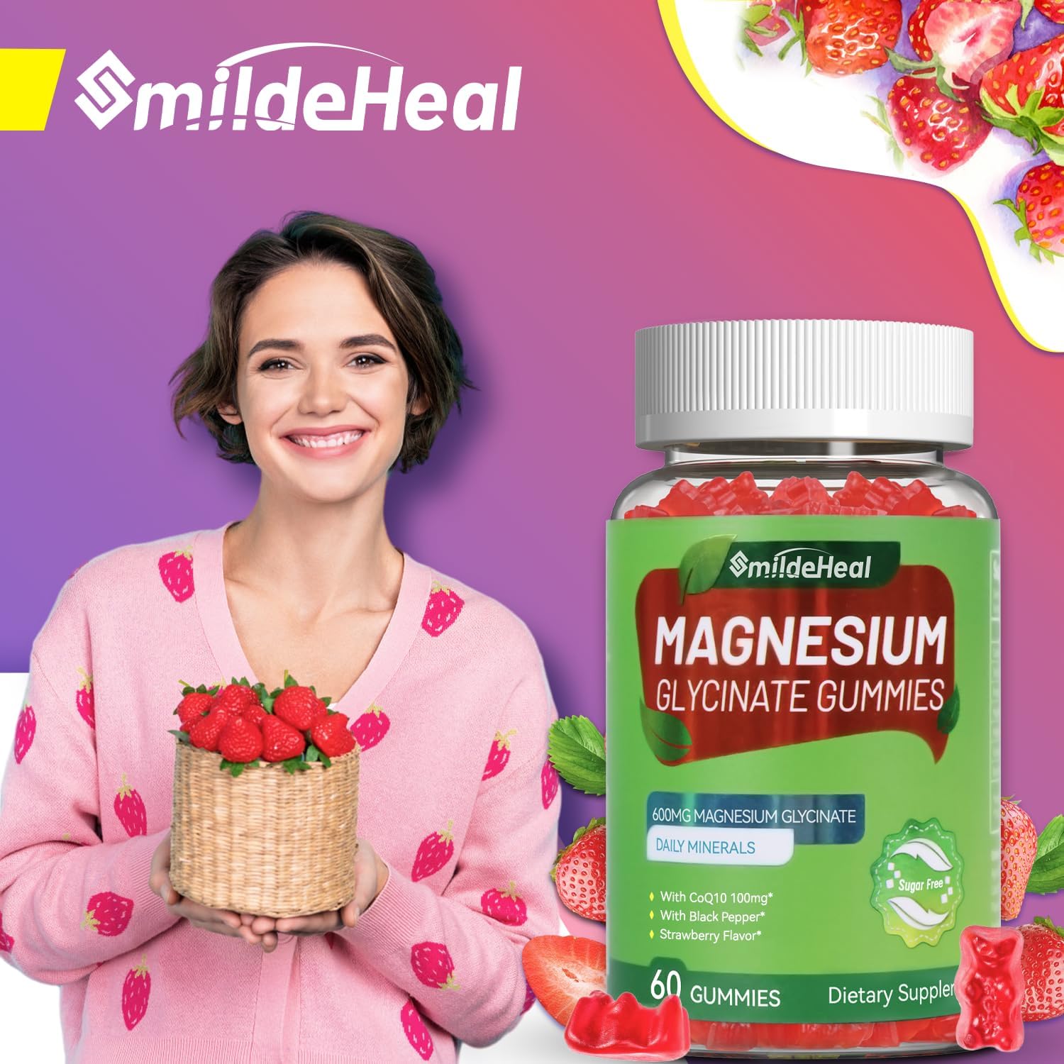 High Potency Magnesium Glycinate Gummies with L-Threonate, CoQ10, and Black Pepper - 600mg - Vegan - 60 Count