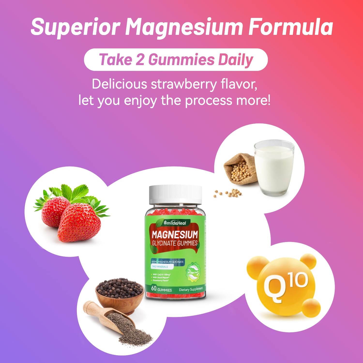 High Potency Magnesium Glycinate Gummies with L-Threonate, CoQ10, and Black Pepper - 600mg - Vegan - 60 Count