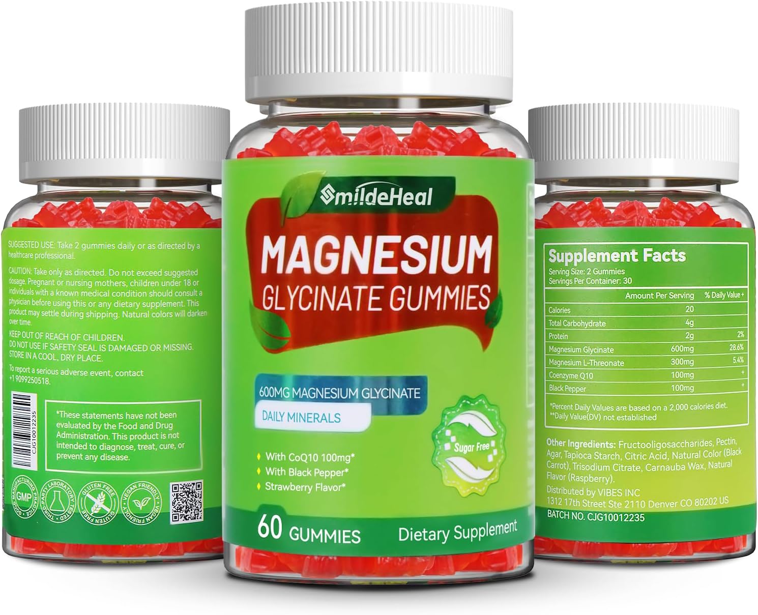 High Potency Magnesium Glycinate Gummies with L-Threonate, CoQ10, and Black Pepper - 600mg - Vegan - 60 Count