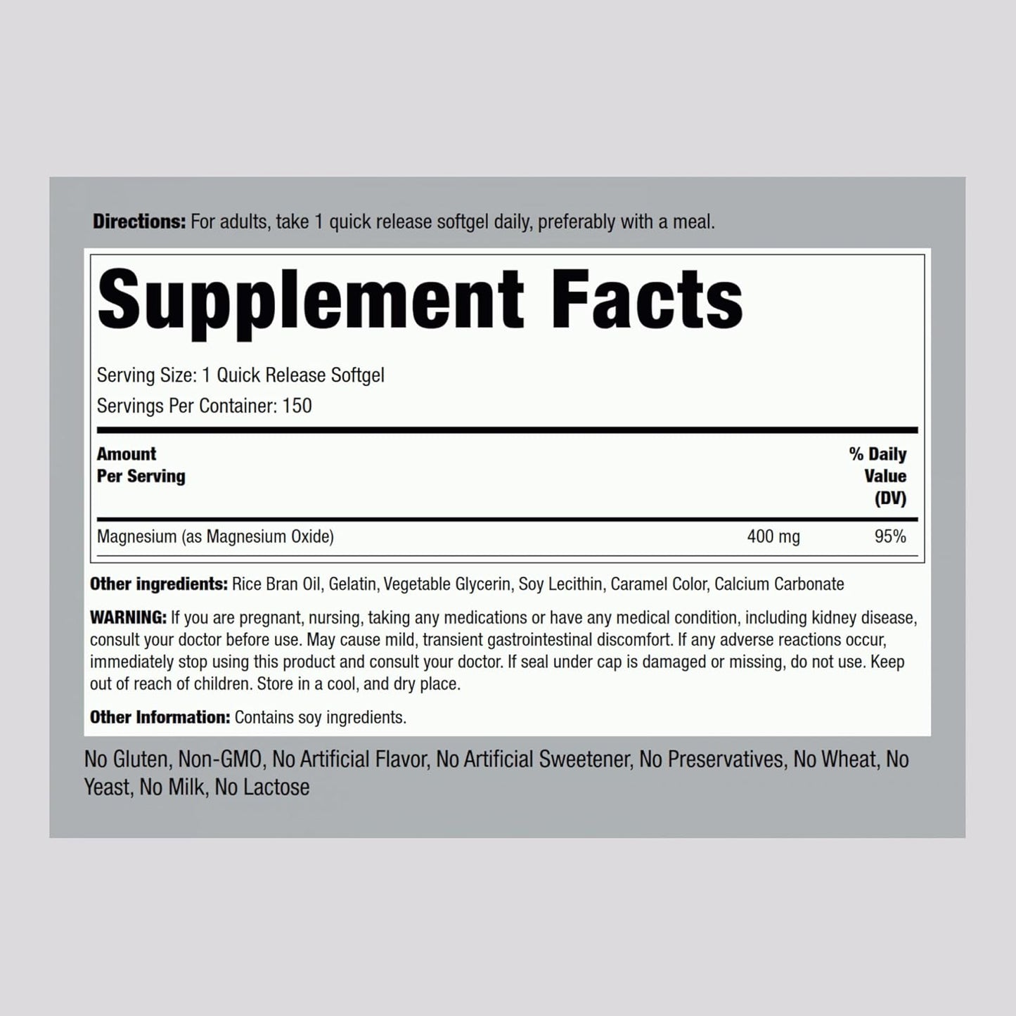High Potency Magnesium Oxide Softgels 400mg | 150 Count | Non-GMO, Gluten Free Supplement