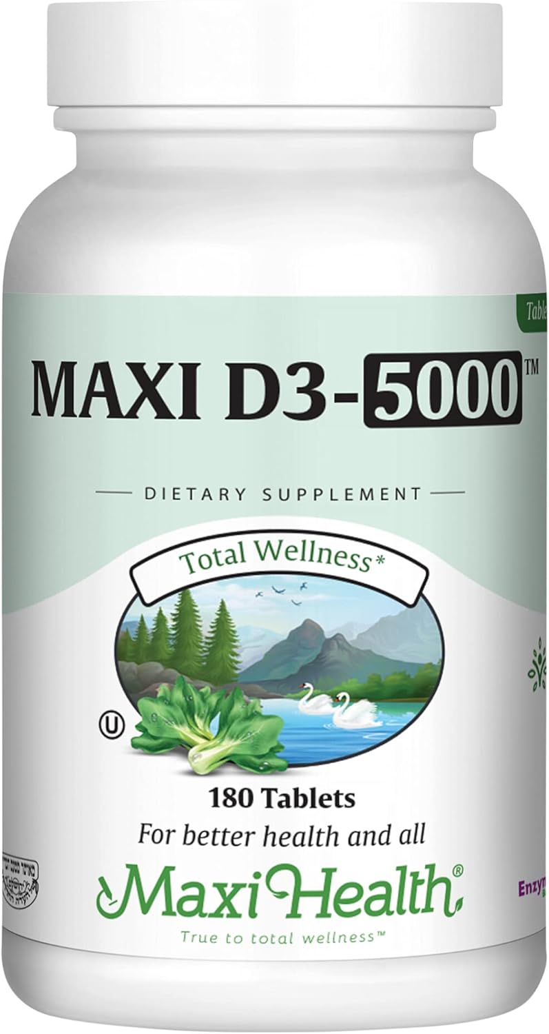 High Potency Maxi Health Vitamin D3 5000 IU Tablets for Healthy Bones, Teeth, Immune Support - Kosher Pure Formula