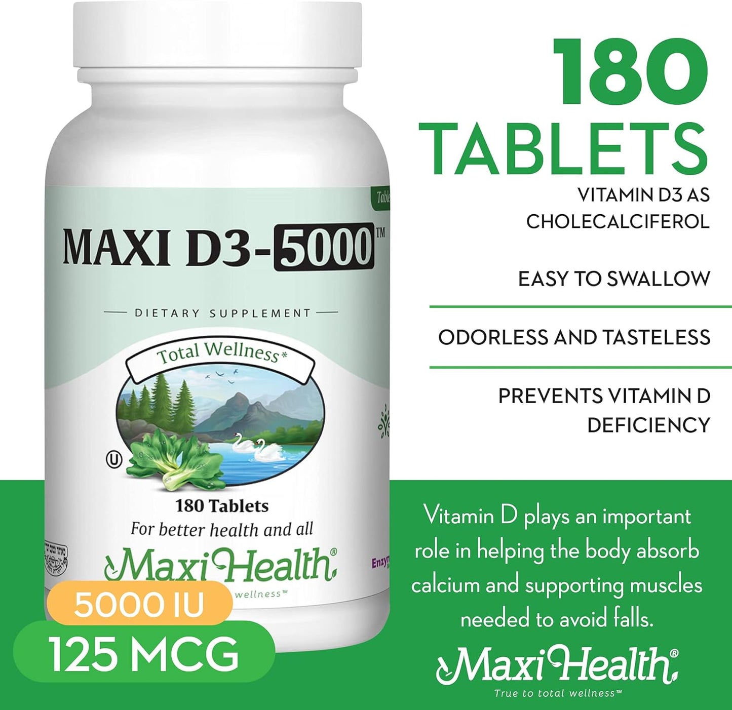 High Potency Maxi Health Vitamin D3 5000 IU Tablets for Healthy Bones, Teeth, Immune Support - Kosher Pure Formula