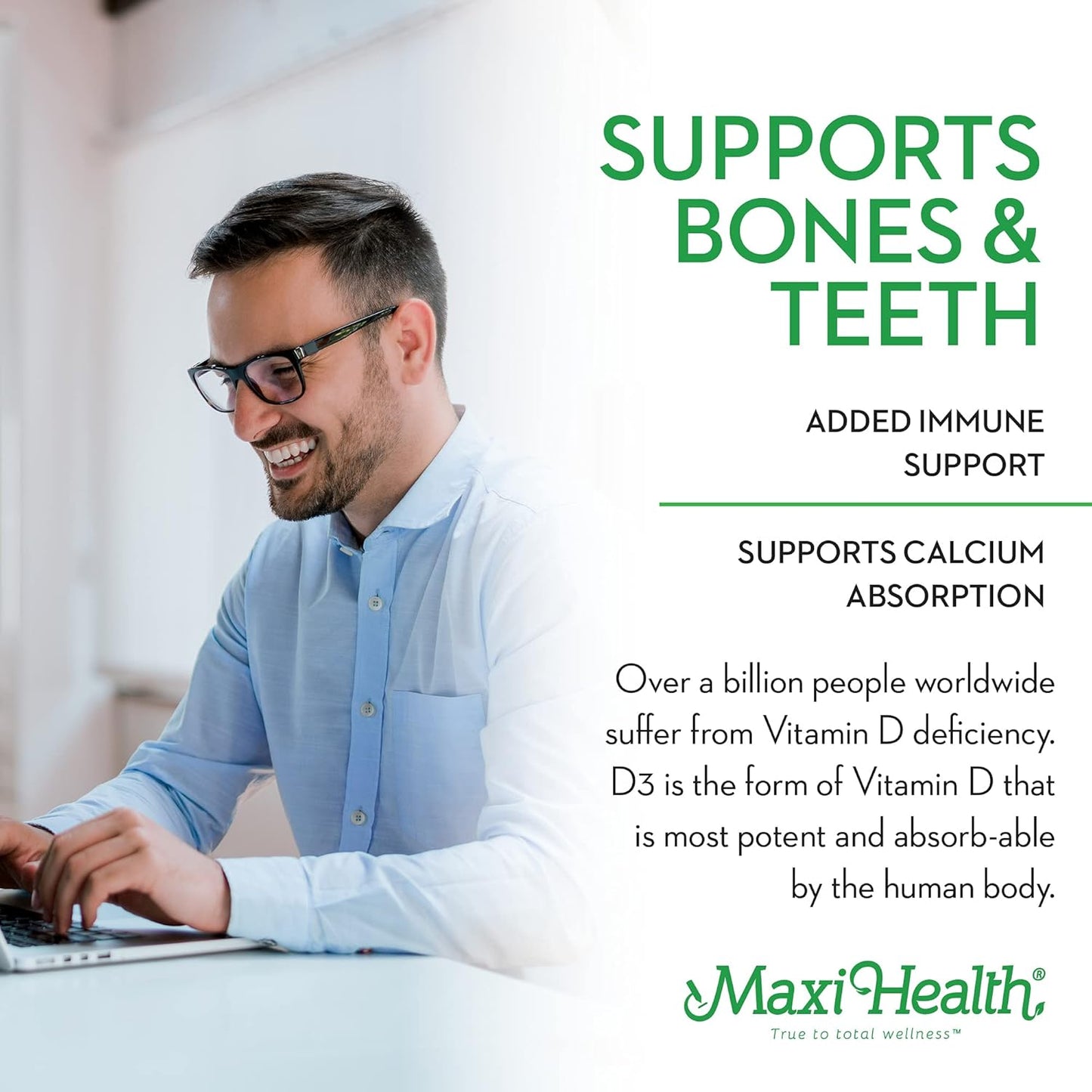 High Potency Maxi Health Vitamin D3 5000 IU Tablets for Healthy Bones, Teeth, Immune Support - Kosher Pure Formula