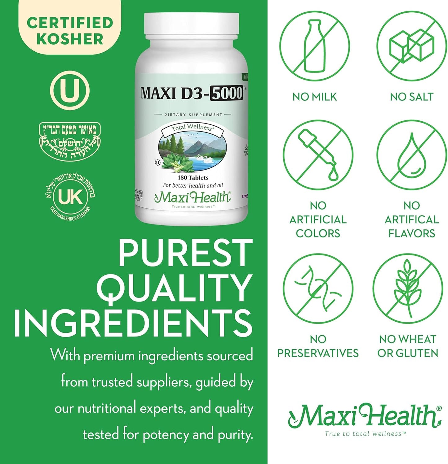 High Potency Maxi Health Vitamin D3 5000 IU Tablets for Healthy Bones, Teeth, Immune Support - Kosher Pure Formula