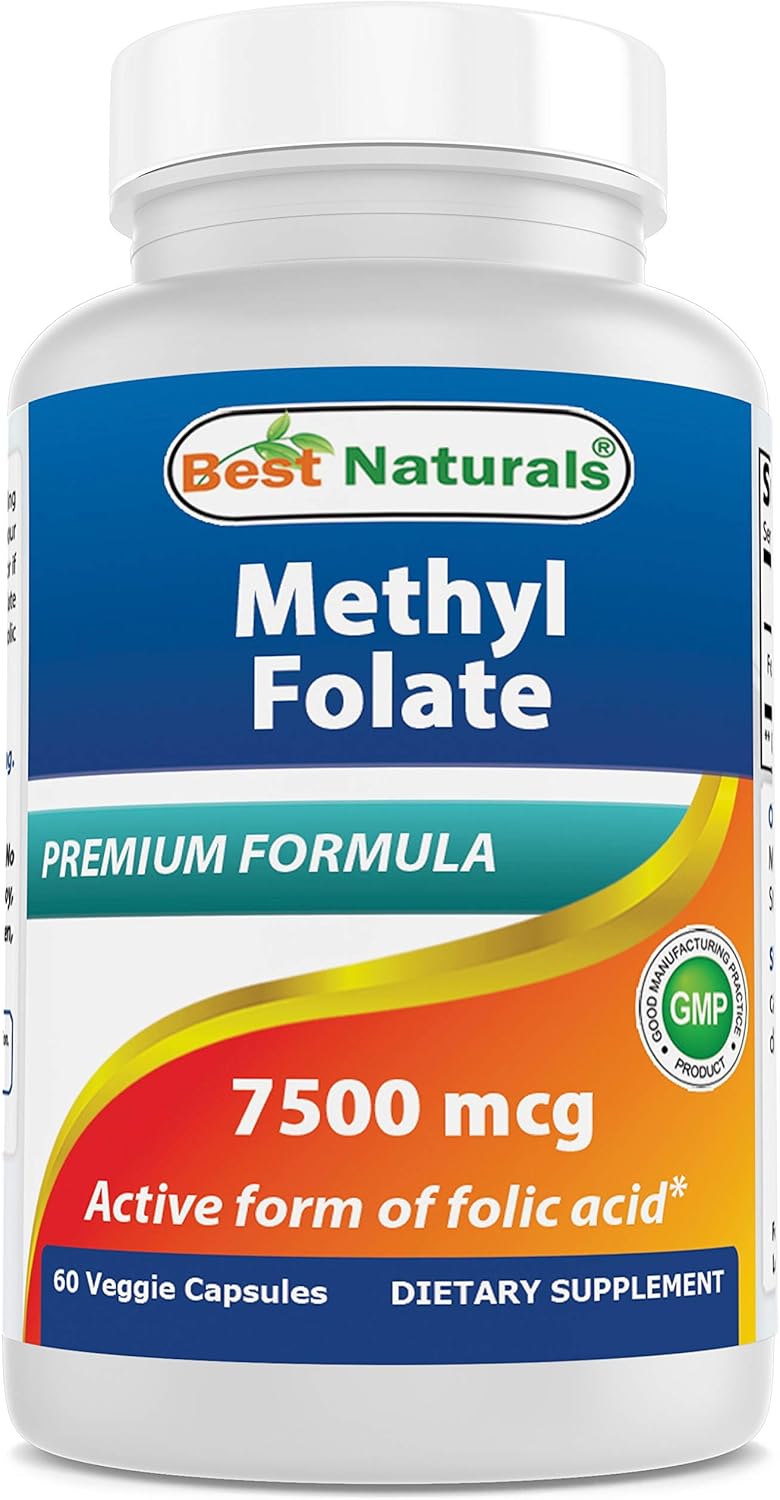High Potency Methyl Folate Veggie Capsules for Cell Growth, Brain Health - 7500 mcg, 60 Count