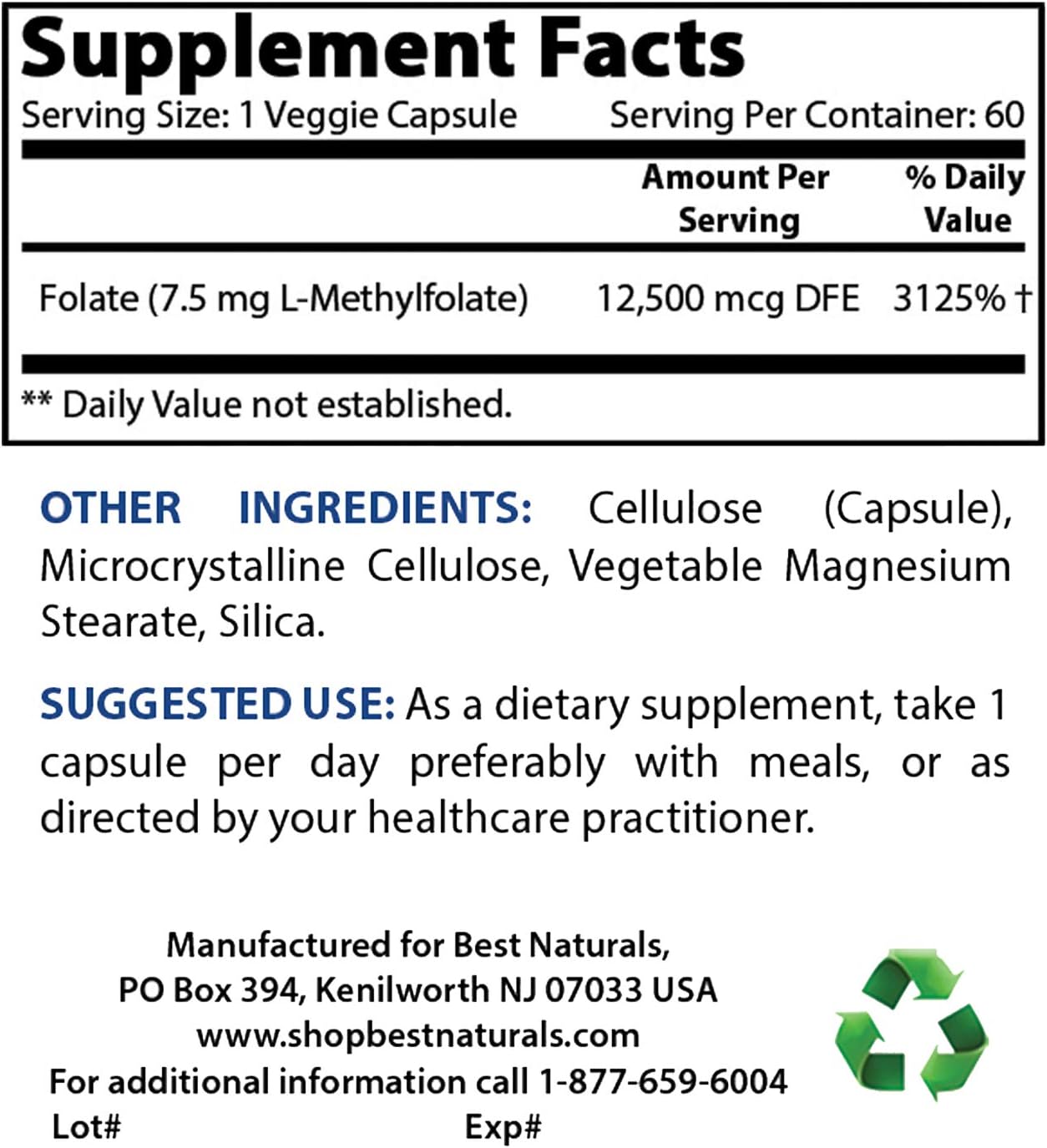 High Potency Methyl Folate Veggie Capsules for Cell Growth, Brain Health - 7500 mcg, 60 Count