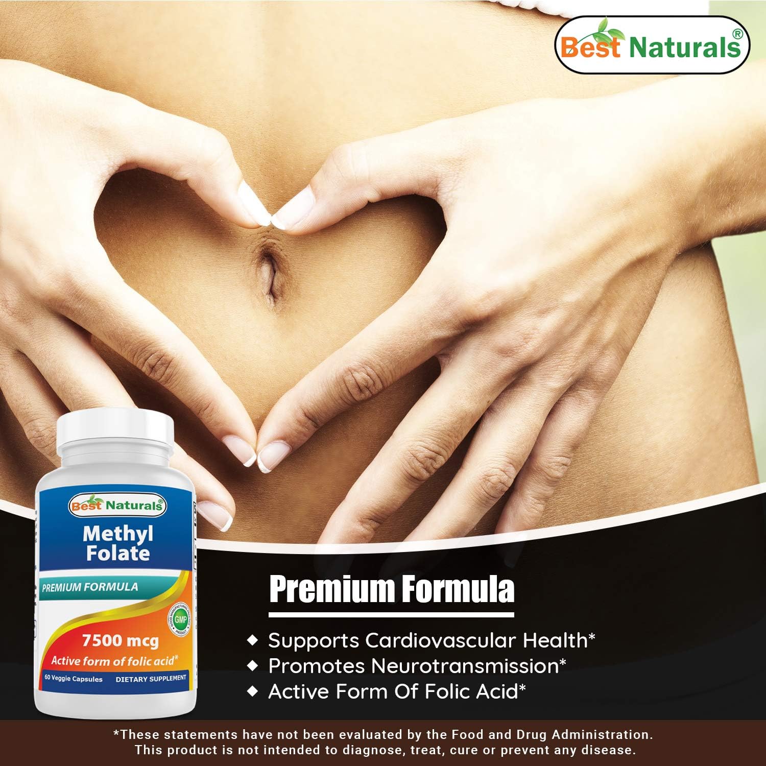 High Potency Methyl Folate Veggie Capsules for Cell Growth, Brain Health - 7500 mcg, 60 Count