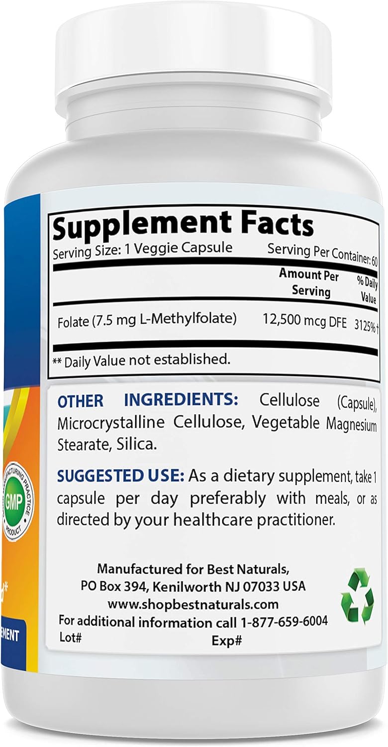 High Potency Methyl Folate Veggie Capsules for Cell Growth, Brain Health - 7500 mcg, 60 Count