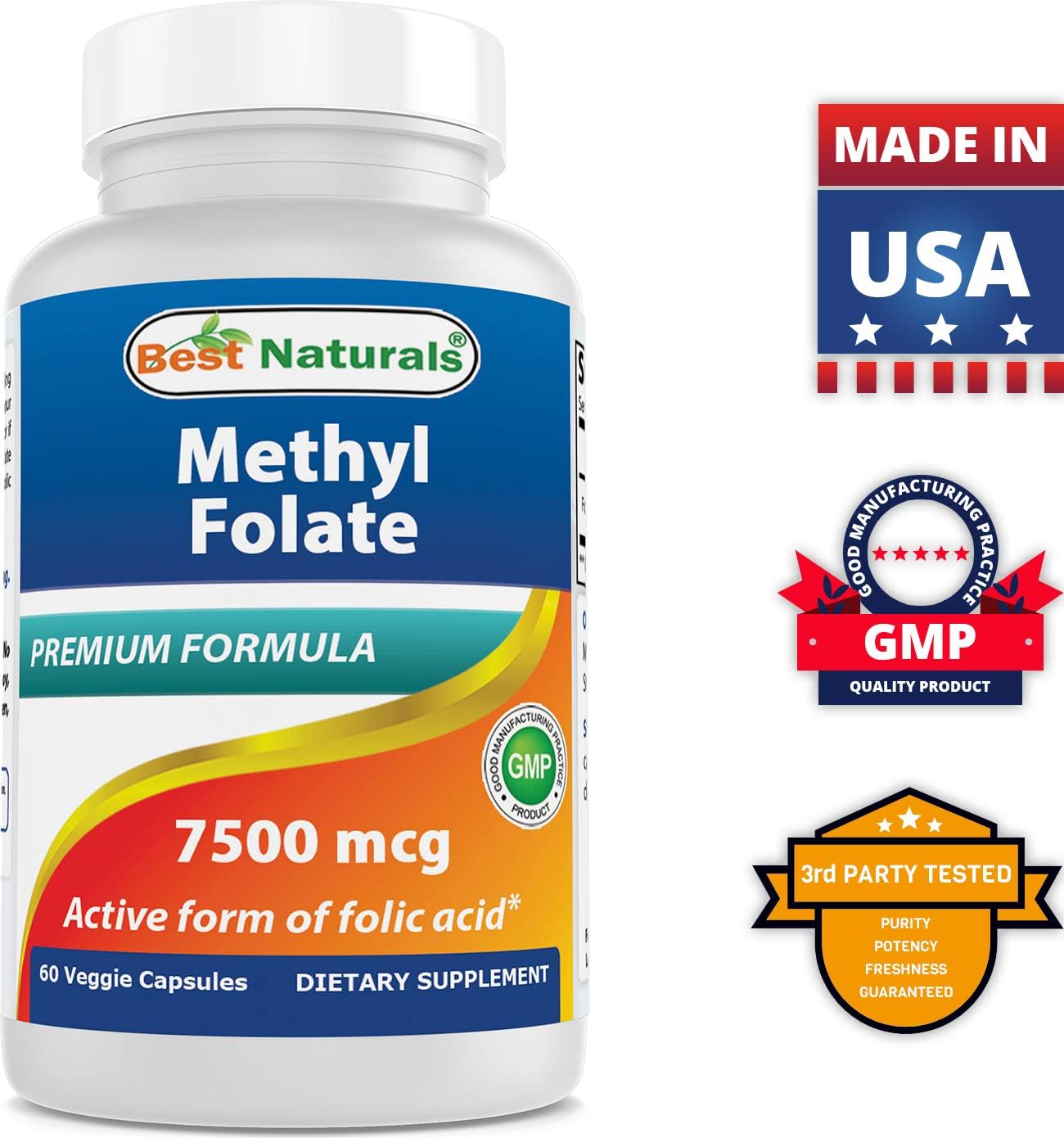 High Potency Methyl Folate Veggie Capsules for Cell Growth, Brain Health - 7500 mcg, 60 Count