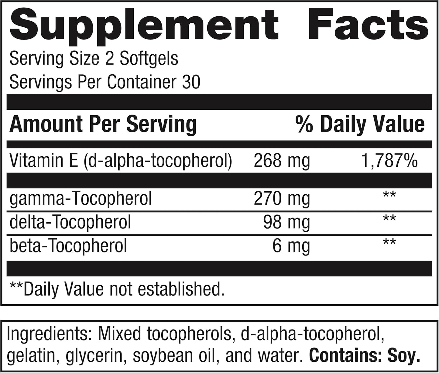 High Potency Mixed Tocopherols Vitamin E Supplement with Gamma, Delta, & Beta-Tocopherols - Antioxidant Support - 60 Softgels