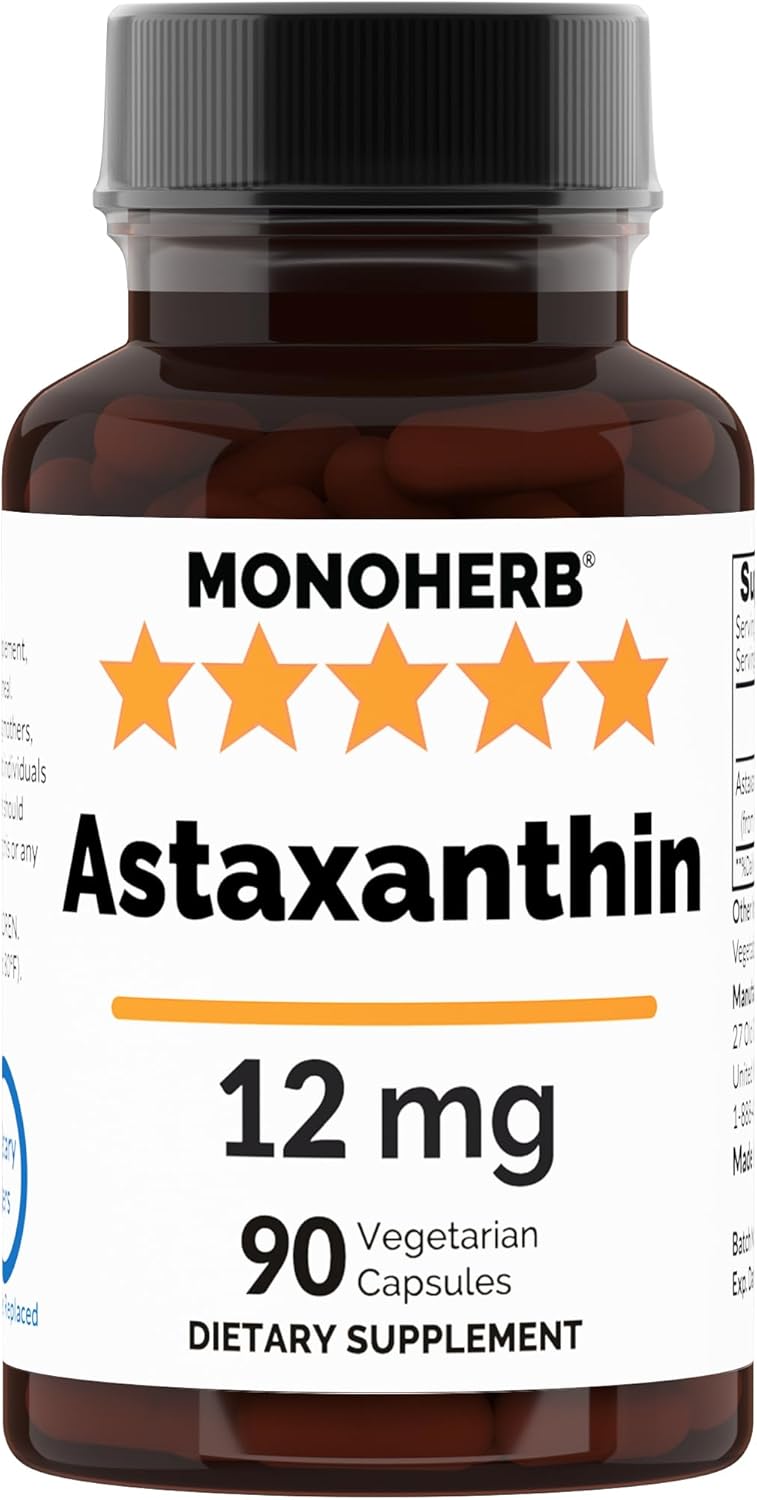 High Potency MONOHERB Astaxanthin Supplement - 12mg, 90 Vegetarian Capsules