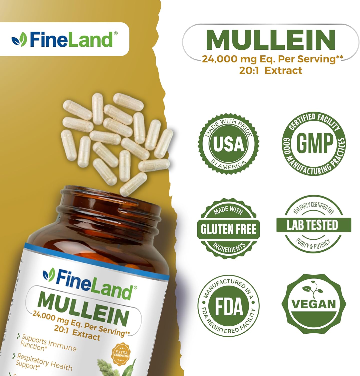 High Potency Mullein Leaf Extract Capsules - 24,000mg Per Serving - Immune, Respiratory, Lung & Sinus Support - 120 Capsules