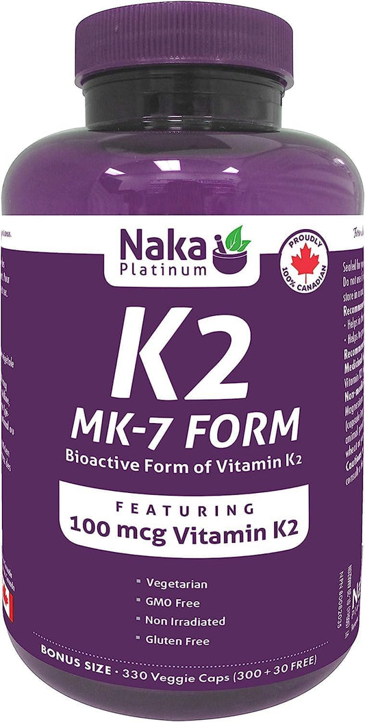 High Potency Naka Platinum K2 (MK-7) 100 mcg 330 Veggie Caps - Bioactive Vitamin K2 Supplement