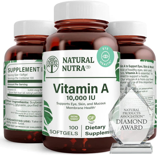 High Potency Natural Nutra Vitamin A 10,000 IU Softgels for Eye and Skin Health - Gluten-Free Supplement with Fish Liver Oil - 200 Softgels for Men and Women