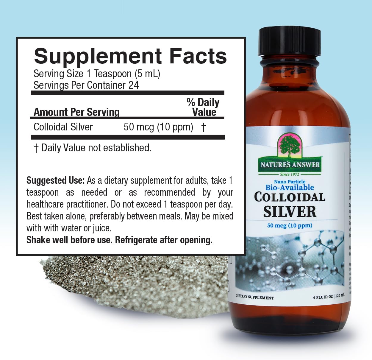 High Potency Nature's Answer Colloidal Silver Liquid Supplement - 10 PPM, 50 MCG Elemental Silver, 4 fl. oz - Immune Support Solution for Overall Health & Wellness