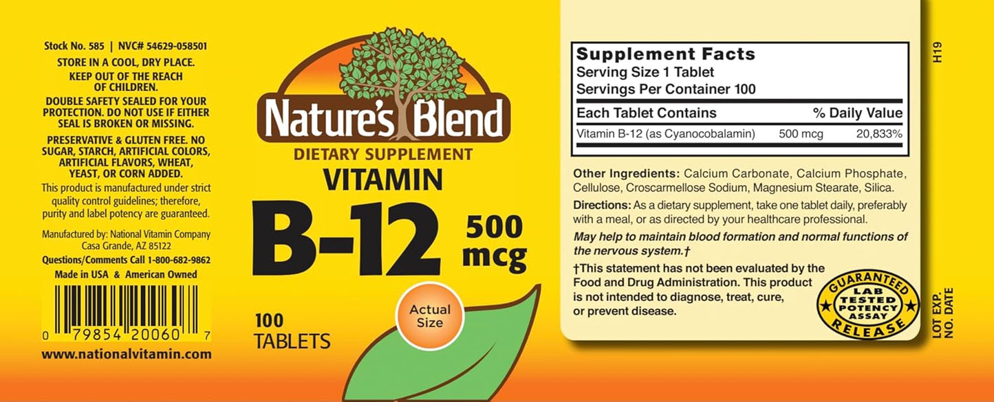 High Potency Nature's Blend Vitamin B-12 500 mcg Supplement - 100 Tablets