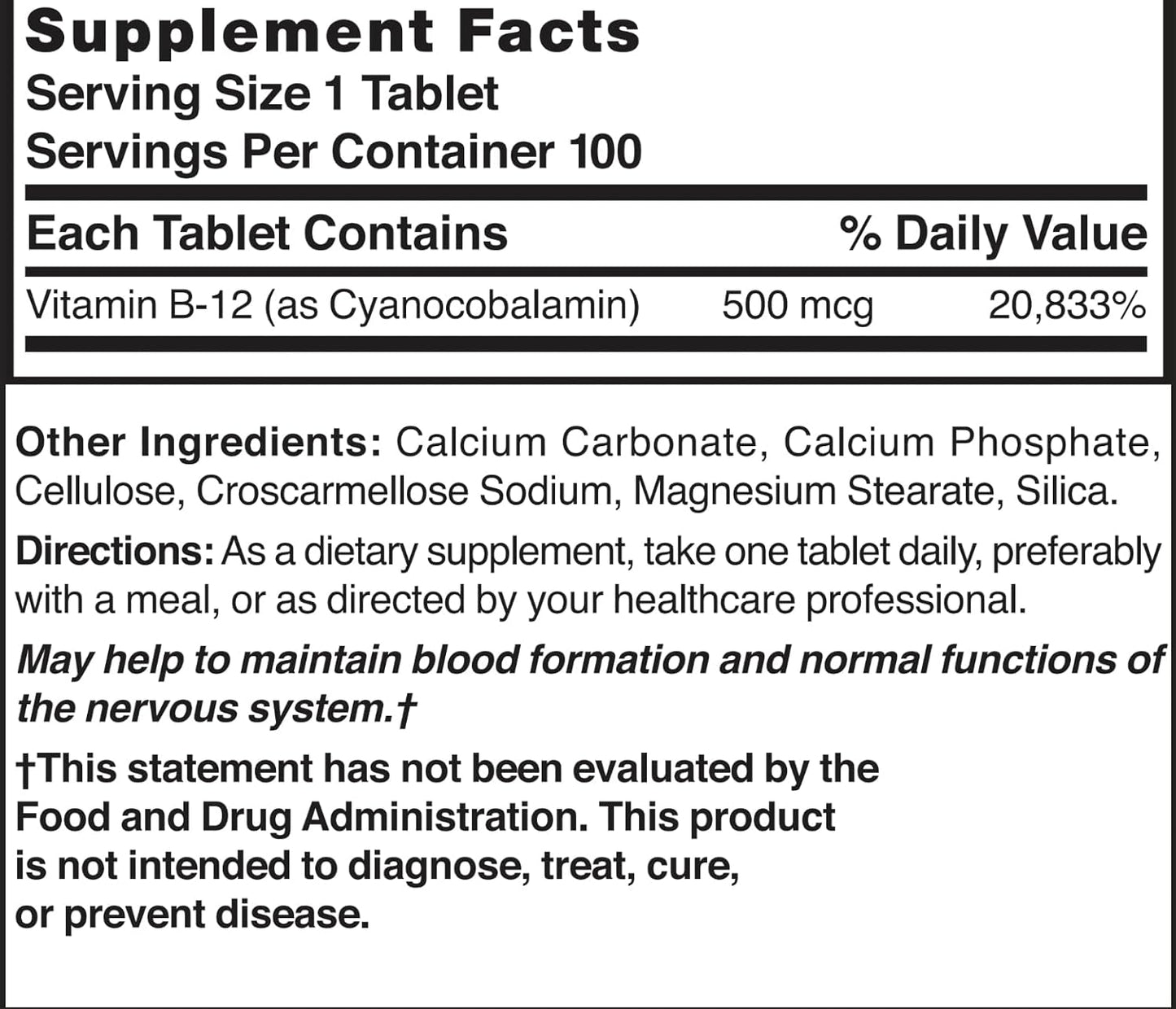 High Potency Nature's Blend Vitamin B-12 500 mcg Supplement - 100 Tablets