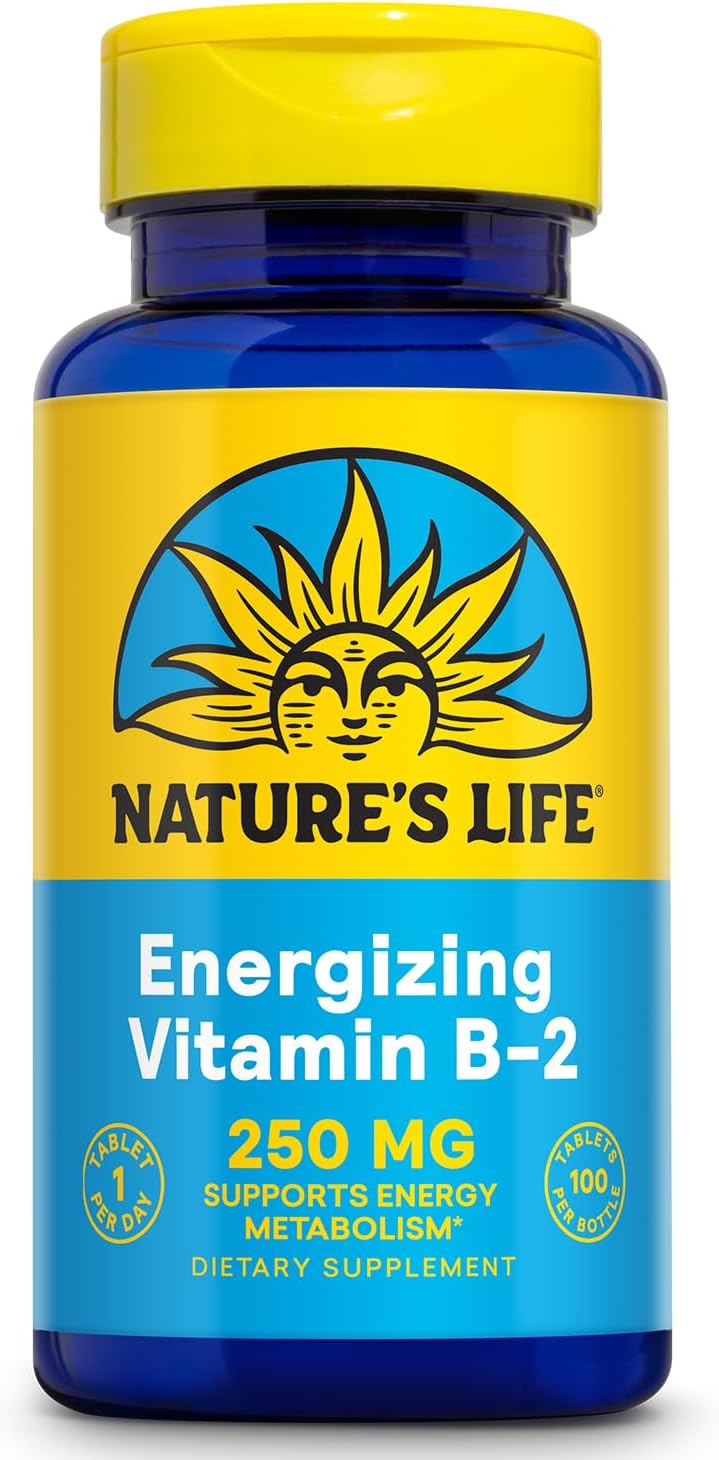 High-Potency Nature's Life Vitamin B-2 250 mg Energy Pills with Calcium - Metabolism Support Supplement - 100 Tablets, 100 Servings