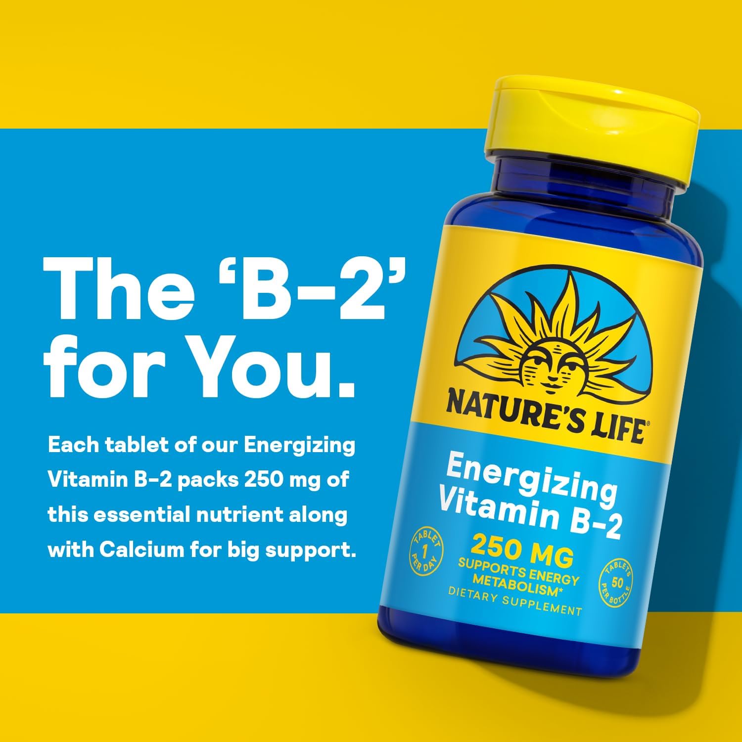 High-Potency Nature's Life Vitamin B-2 250mg Energy Pills with Calcium - Metabolism Support - 50 Servings