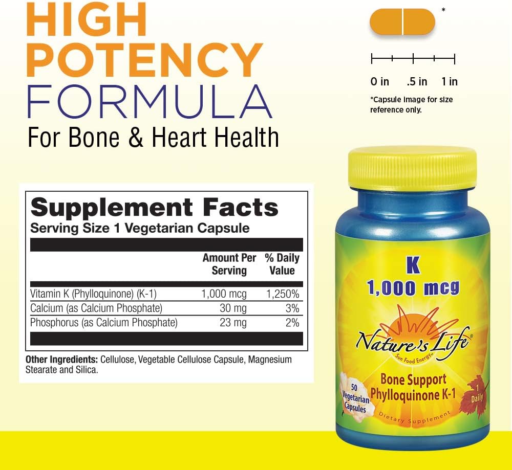 High Potency Nature's Life Vitamin K-1 Supplement for Healthy Bones & Cardiovascular Support - 50CT