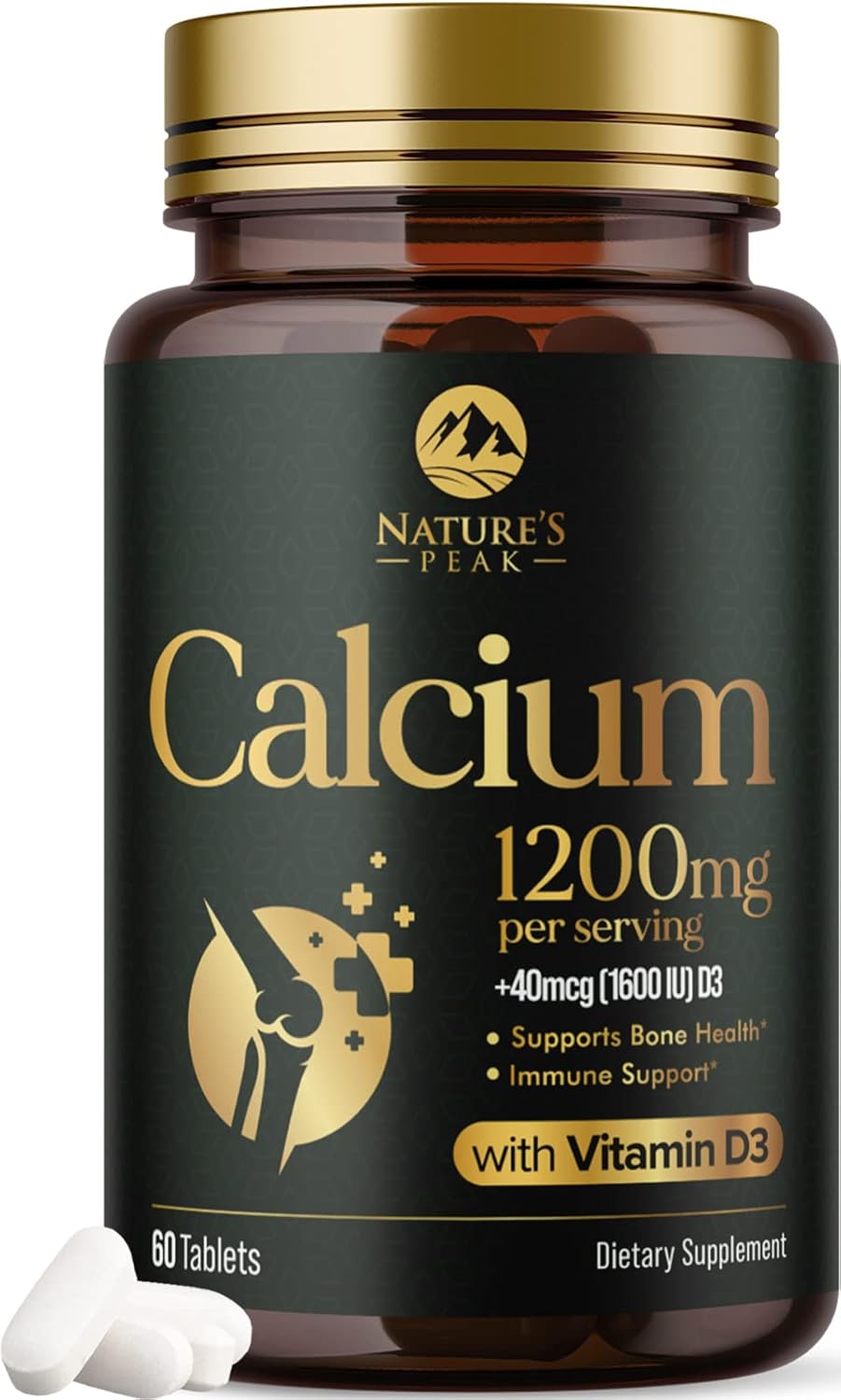 High Potency Nature's Peak Calcium Supplement with Vitamin D3 for Bone, Teeth, and Immune Health - 60 Tablets