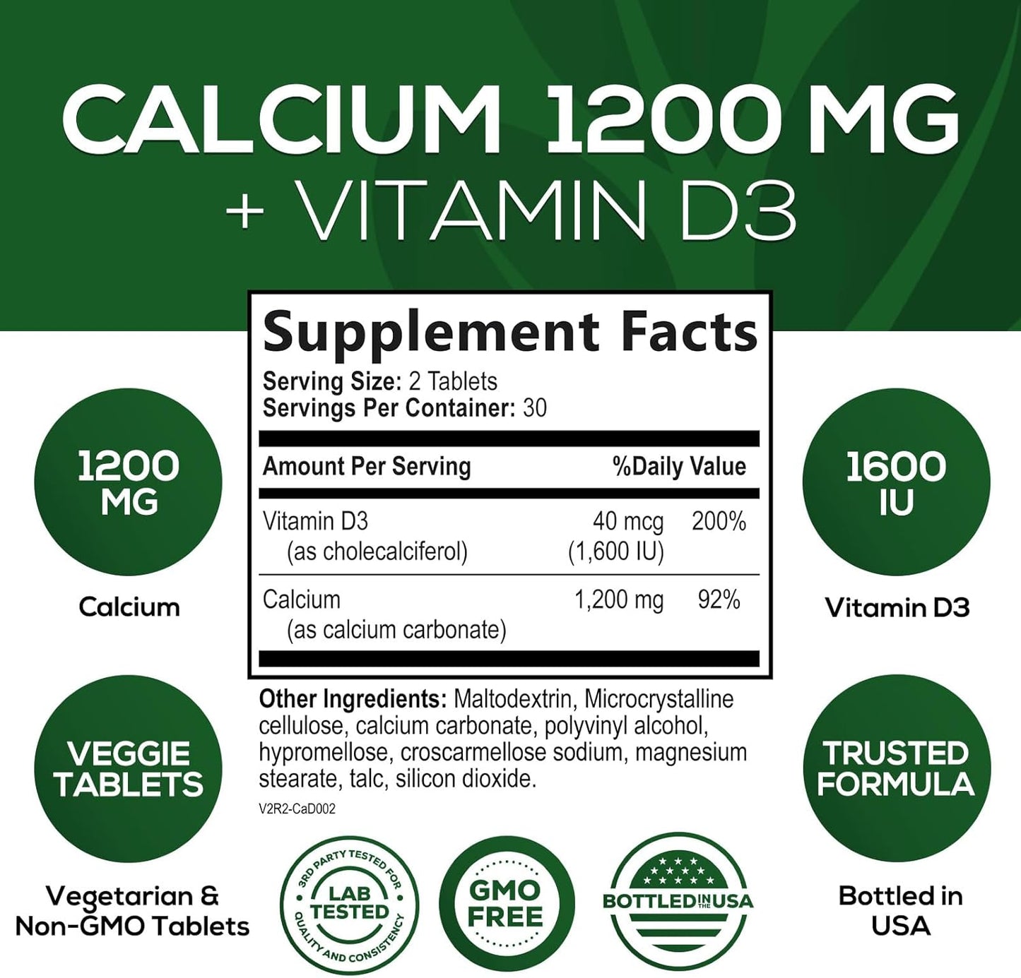 High Potency Nature's Peak Calcium Supplement with Vitamin D3 for Bone, Teeth, and Immune Health - 60 Tablets