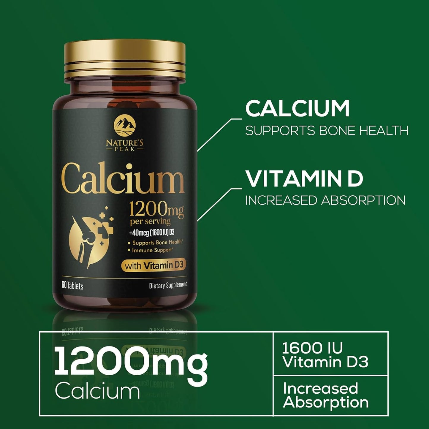 High Potency Nature's Peak Calcium Supplement with Vitamin D3 for Bone, Teeth, and Immune Health - 60 Tablets
