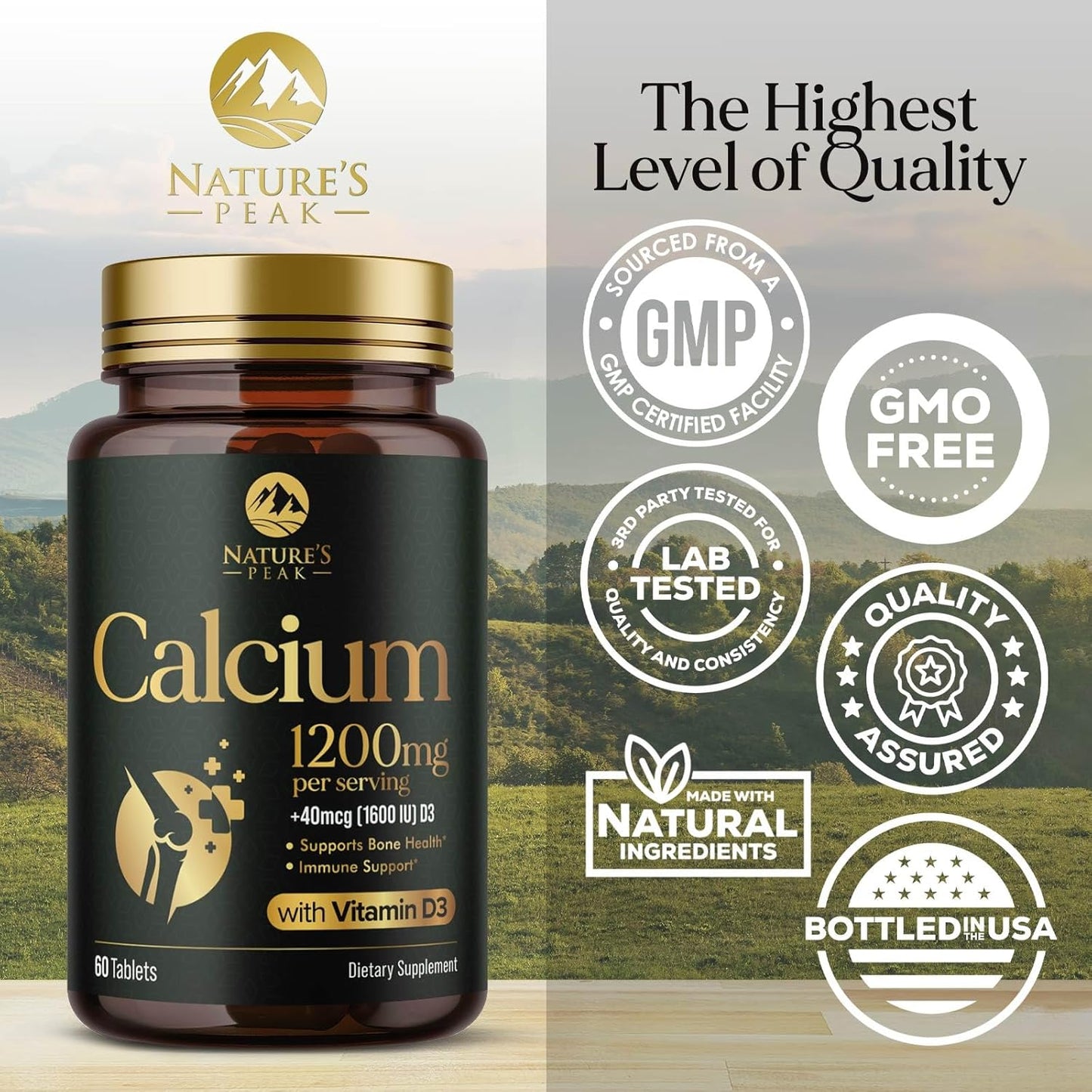 High Potency Nature's Peak Calcium Supplement with Vitamin D3 for Bone, Teeth, and Immune Health - 60 Tablets