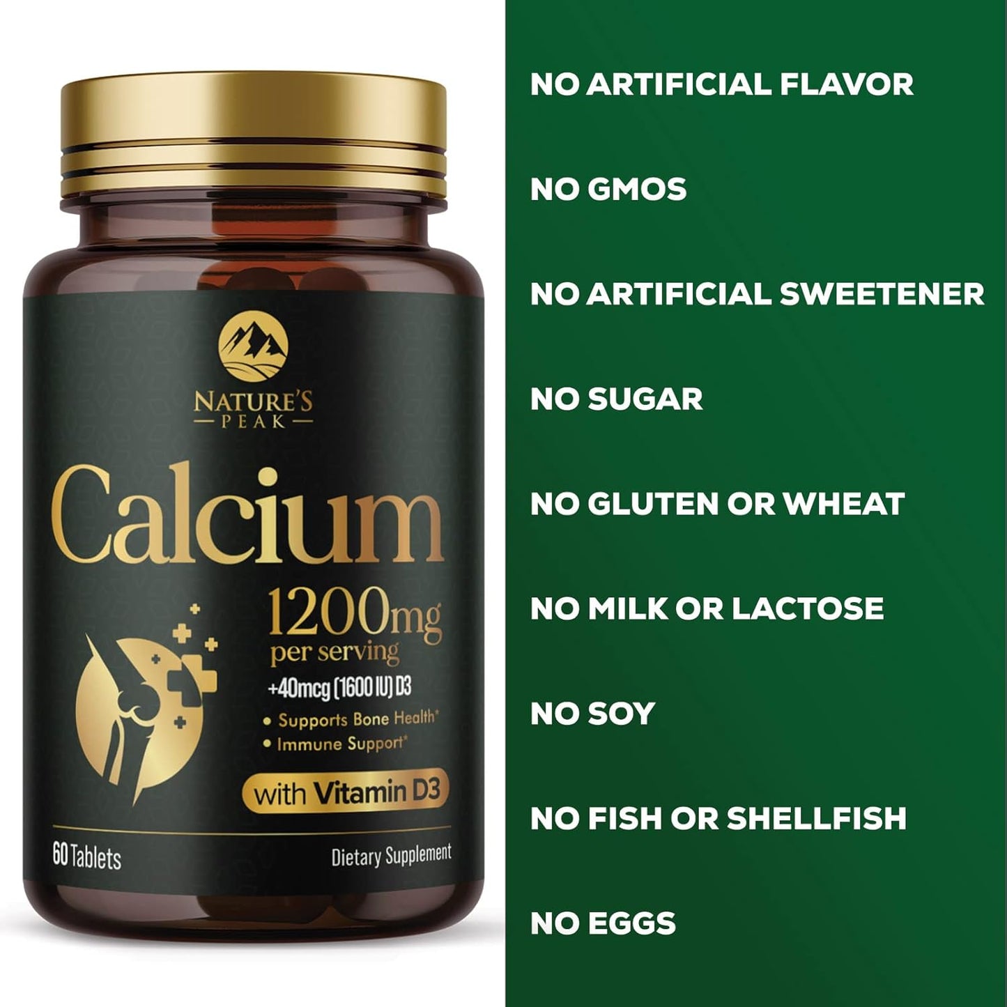 High Potency Nature's Peak Calcium Supplement with Vitamin D3 for Bone, Teeth, and Immune Health - 60 Tablets