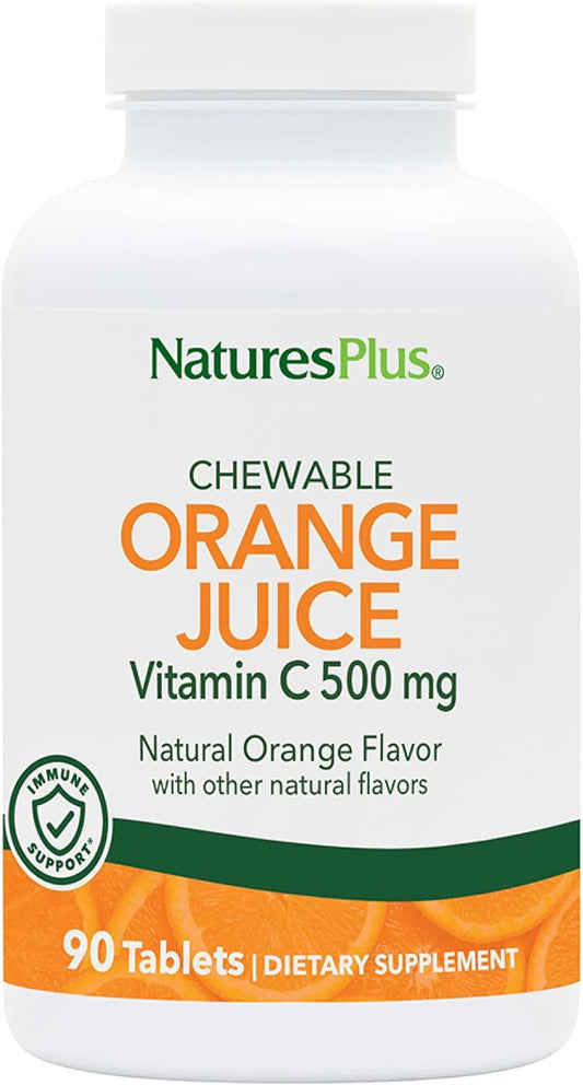 High Potency Natures Plus Orange Juice Vitamin C Chewables - 500mg, 90 Tablets - Immune & Vascular Health Support - Antioxidant Supplement - Vegetarian, Gluten-Free - 90 Servings