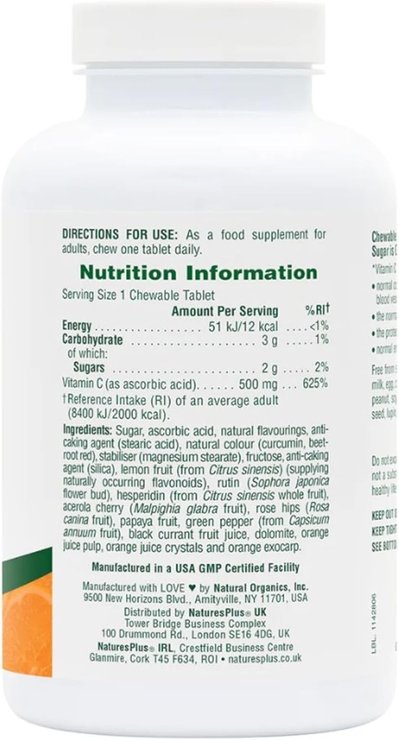 High Potency Natures Plus Orange Juice Vitamin C Chewables - 500mg, 90 Tablets - Immune & Vascular Health Support - Antioxidant Supplement - Vegetarian, Gluten-Free - 90 Servings