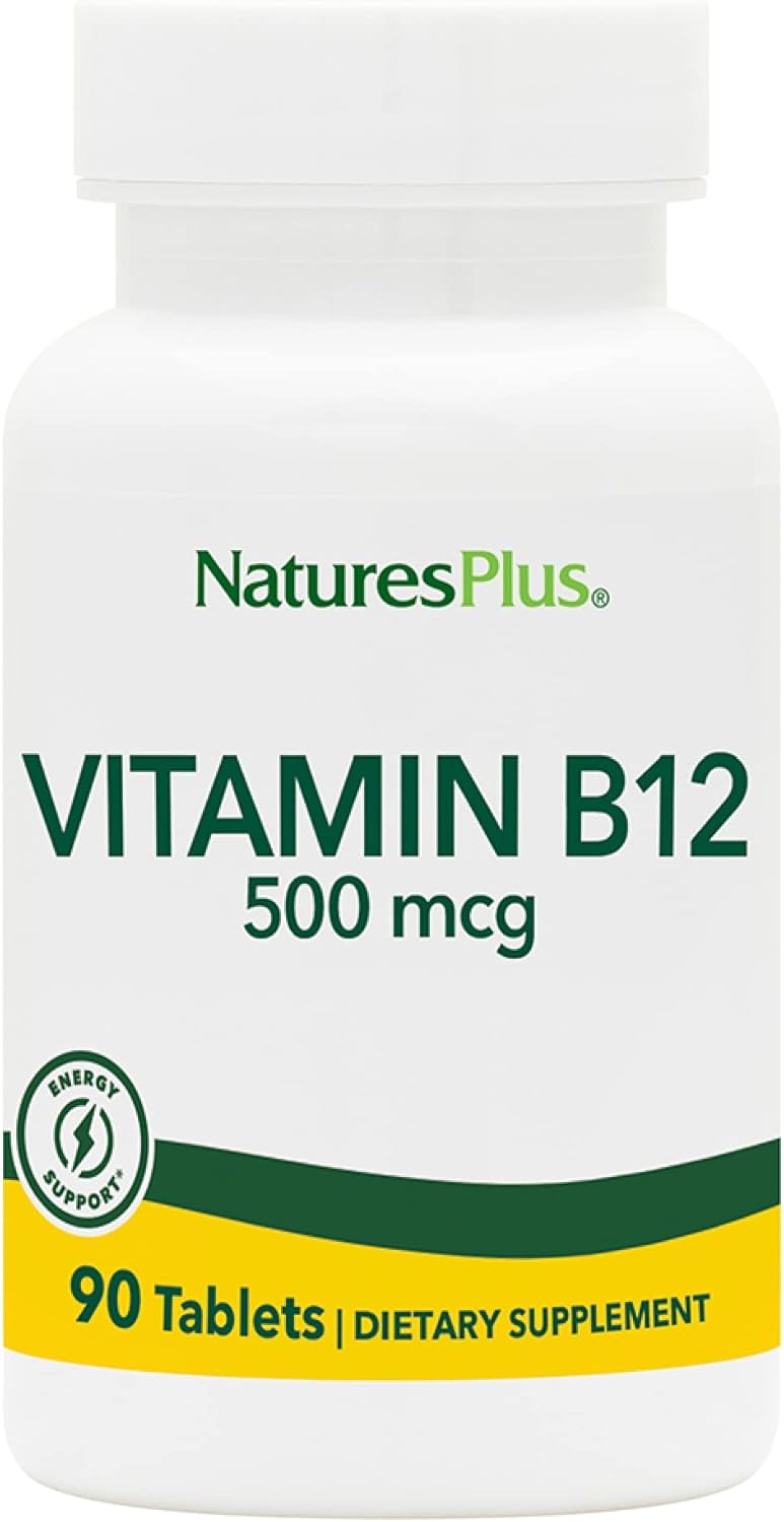 High Potency Natures Plus Vitamin B12 (Methylcobalamin) Tablets - 500 mcg, 90 Vegetarian, Gluten-Free Capsules - Supports Red Blood Cells, Boosts Energy, Overall Health - 90 Servings