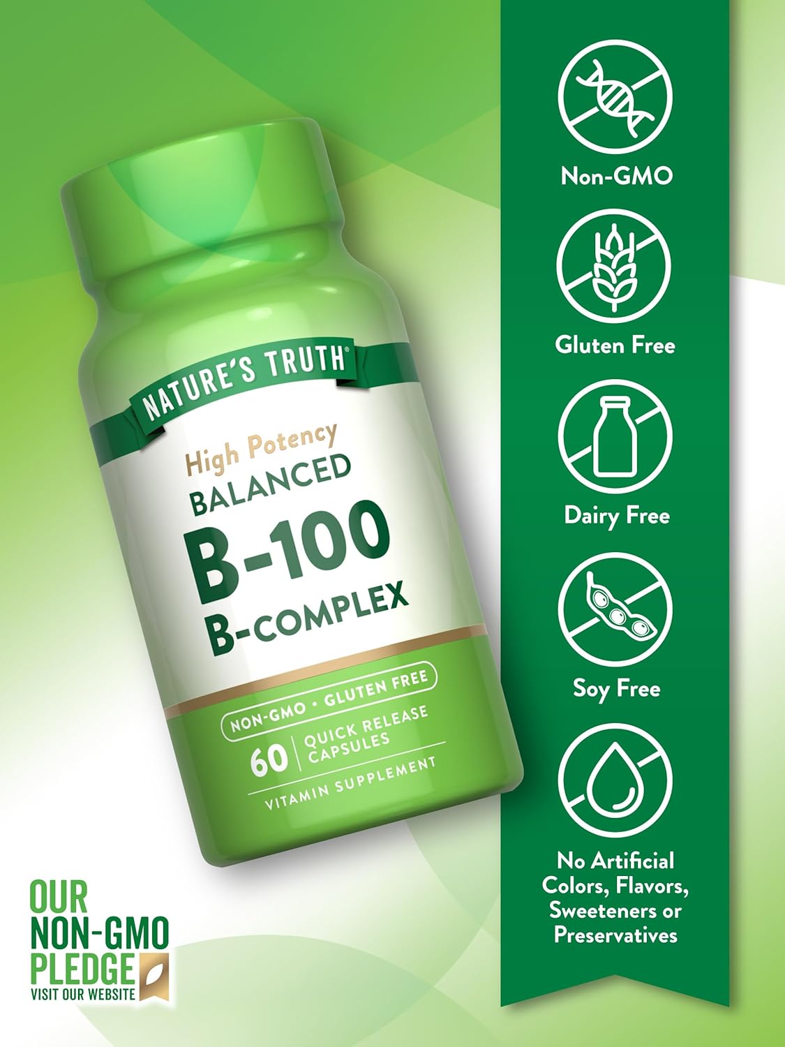 High Potency Nature's Truth Vitamin B Complex Capsules - B-100 | 60 Count | Non-GMO & Gluten Free