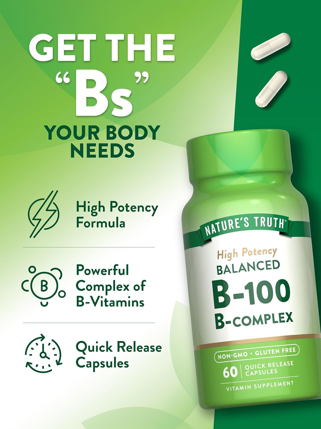 High Potency Nature's Truth Vitamin B Complex Capsules - B-100 | 60 Count | Non-GMO & Gluten Free