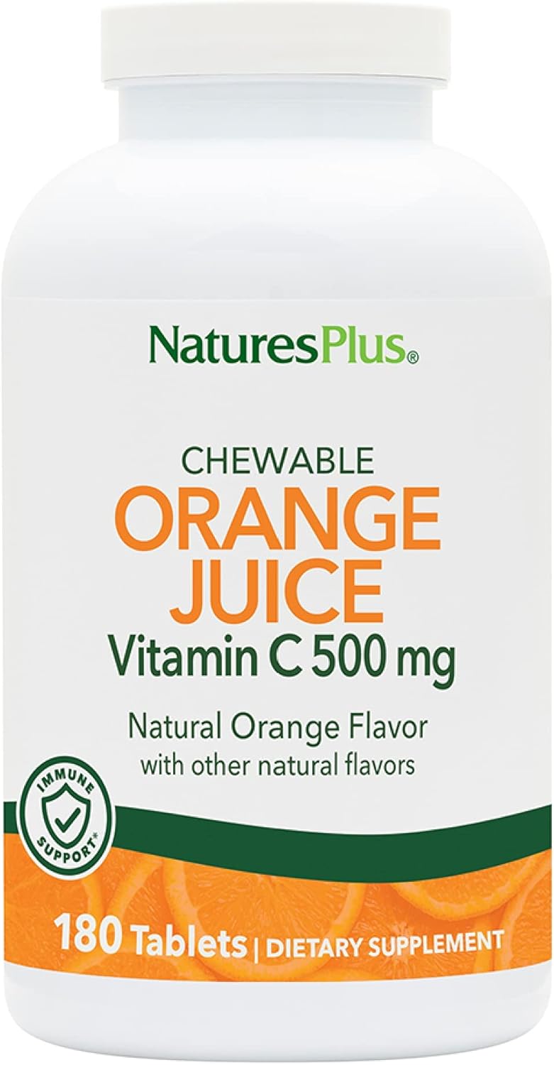 High Potency NaturesPlus Orange Juice Chewable Vitamin C - 500mg, 180 Tablets - Immune Support & Antioxidant - Vegetarian & Gluten-Free - 180 Servings