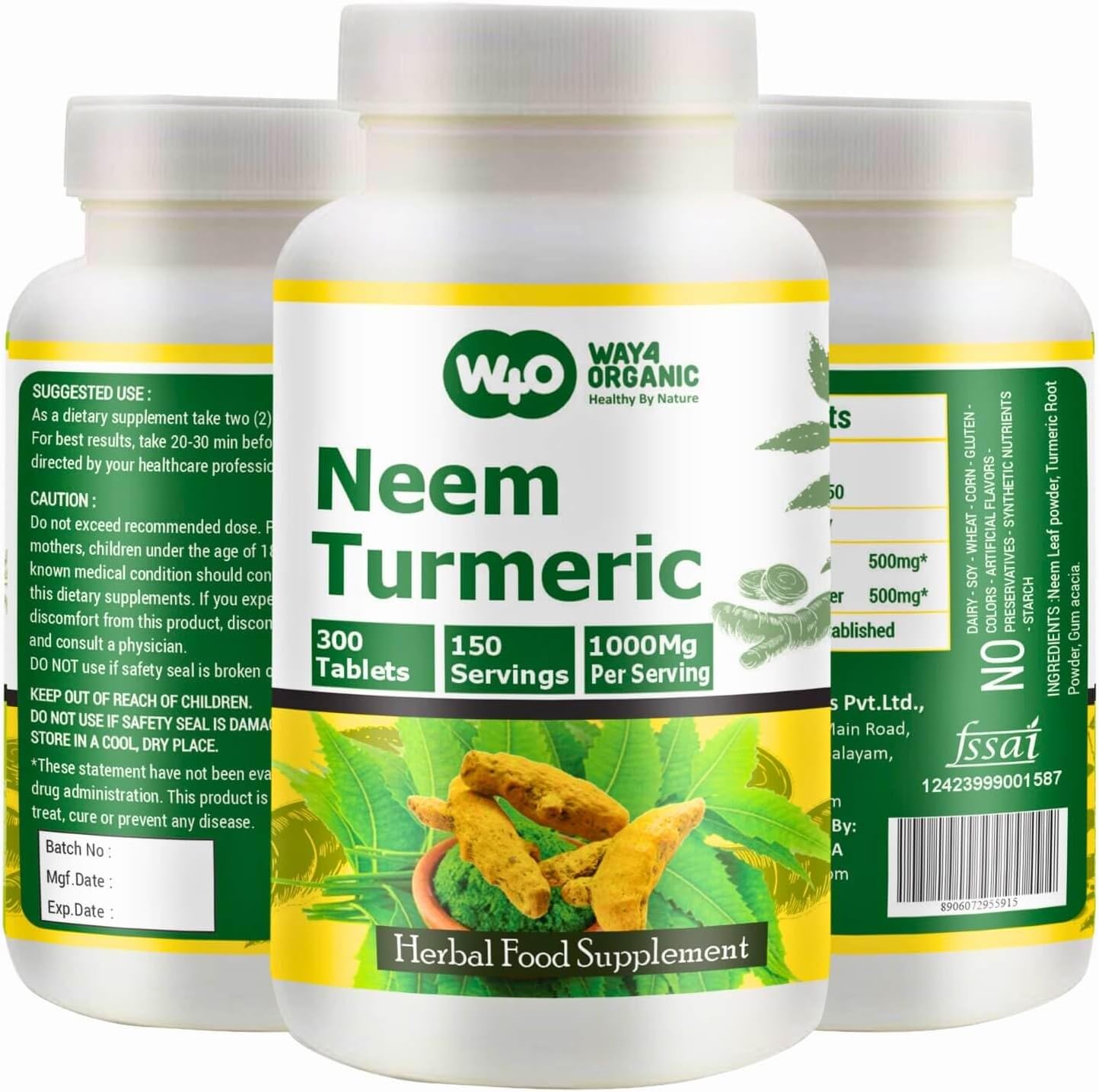 High-Potency Neem Turmeric Capsules - Organic Azadirachta Indica Tablets - 300 Tablets, 1000 Mg - Pack of 1