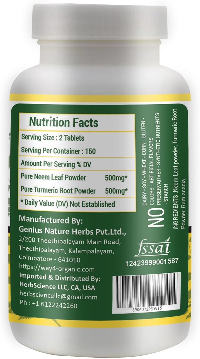 High-Potency Neem Turmeric Capsules - Organic Azadirachta Indica Tablets - 300 Tablets, 1000 Mg - Pack of 1