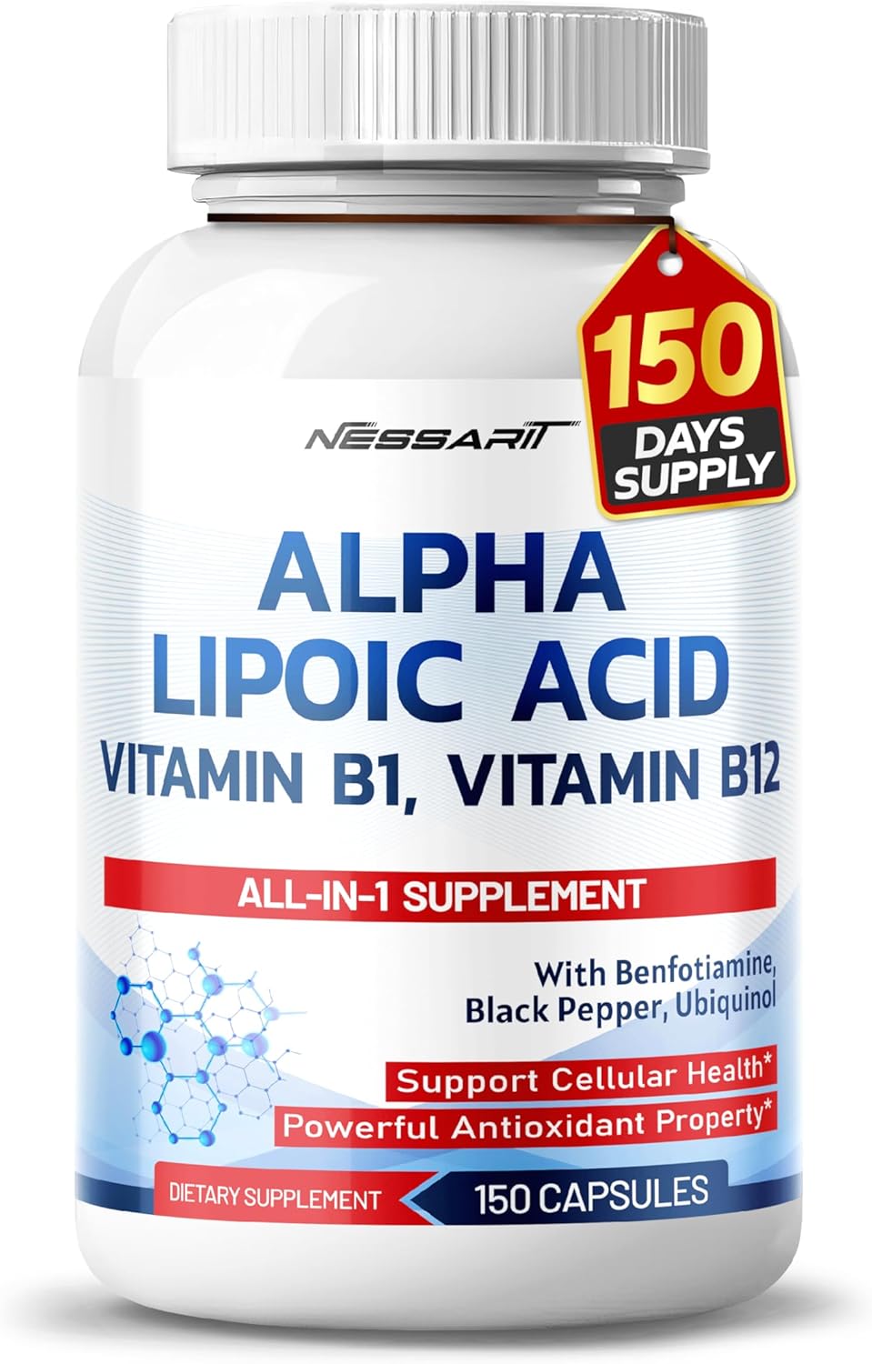 High Potency NESSARIT Alpha Lipoic Acid Supplement with Vitamin B1, B12, Benfotiamine, Ubiquinol, Black Pepper - 150 Capsules for Cellular Health - USA Made & Tested