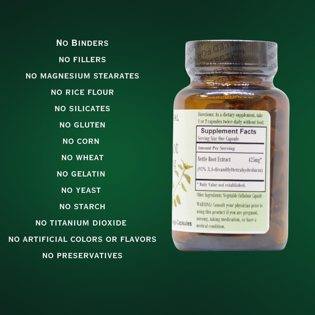 High-Potency Nettle Root Extract Capsules - 95% 3,4-Divanillyltetrahydrofuran - 425mg - 60 Vegan Capsules - Stearate-Free