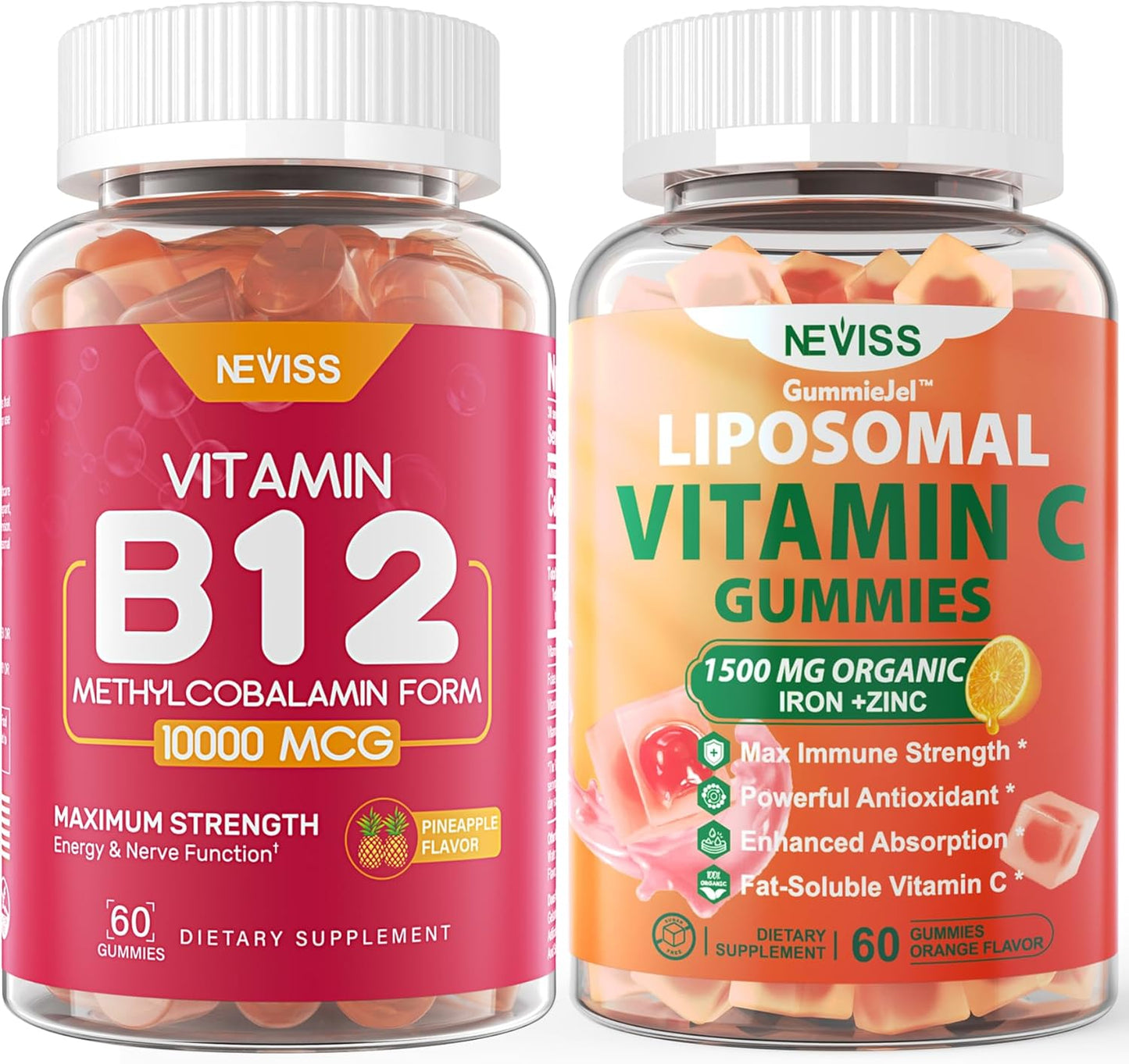 High-Potency NEVISS Methyl B12 and Liposomal Vitamin C Gummies for Adults - 10000mcg B12, 1000mg C - Gluten-Free and Non-GMO