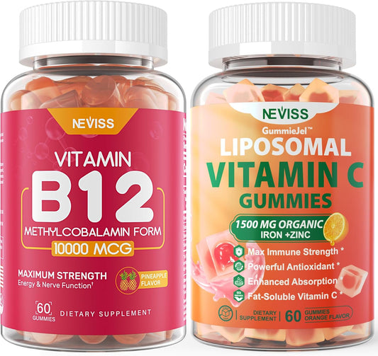 High-Potency NEVISS Methyl B12 and Liposomal Vitamin C Gummies for Adults - 10000mcg B12, 1000mg C - Gluten-Free and Non-GMO